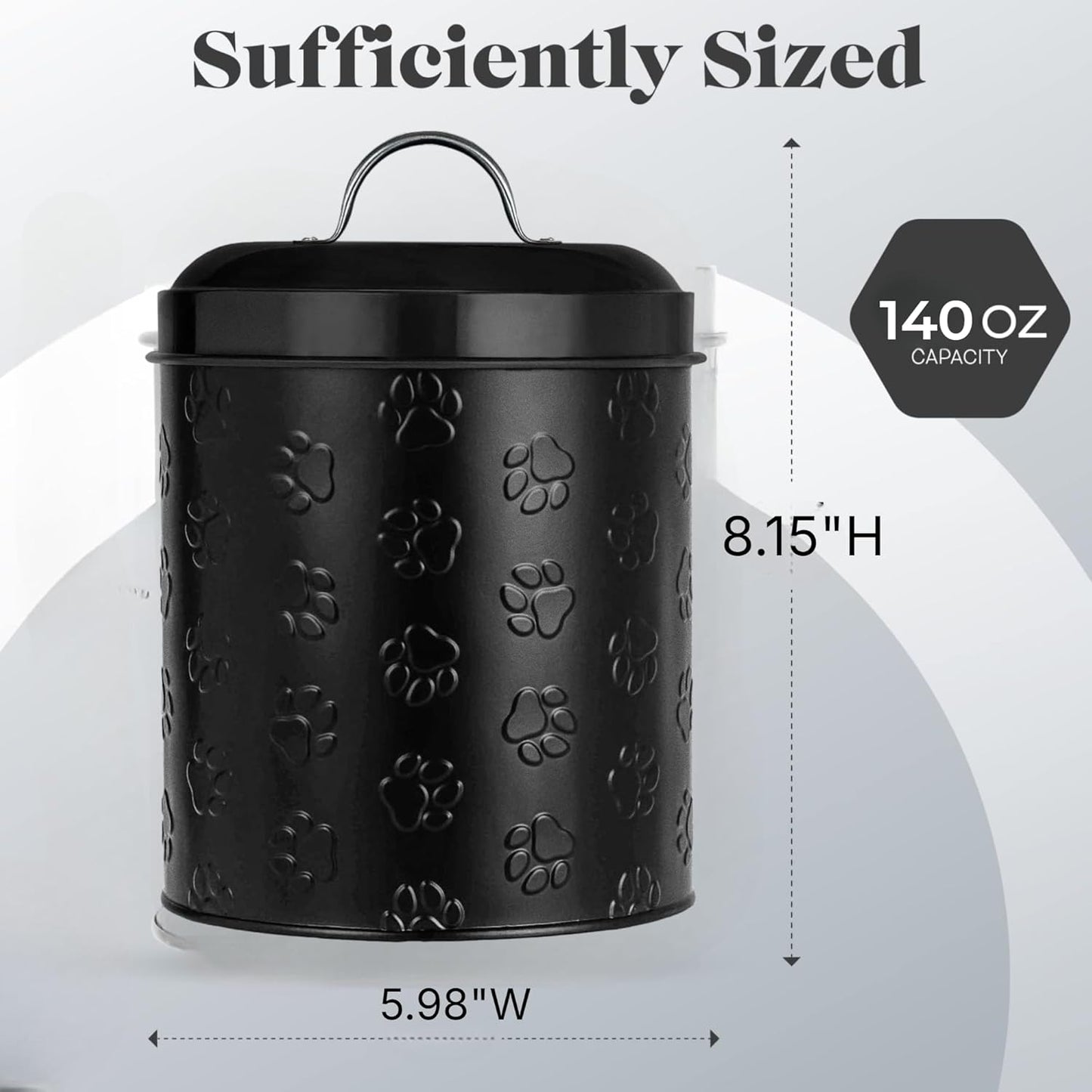 Amici Pet Puppy Paws Black Metal Canister with Embossed Paw Design - Large 140 oz Airtight Food Storage Jar for Wet or Dry Pet Foods - (8" H x 6" W) BPA Free Container for Organization
