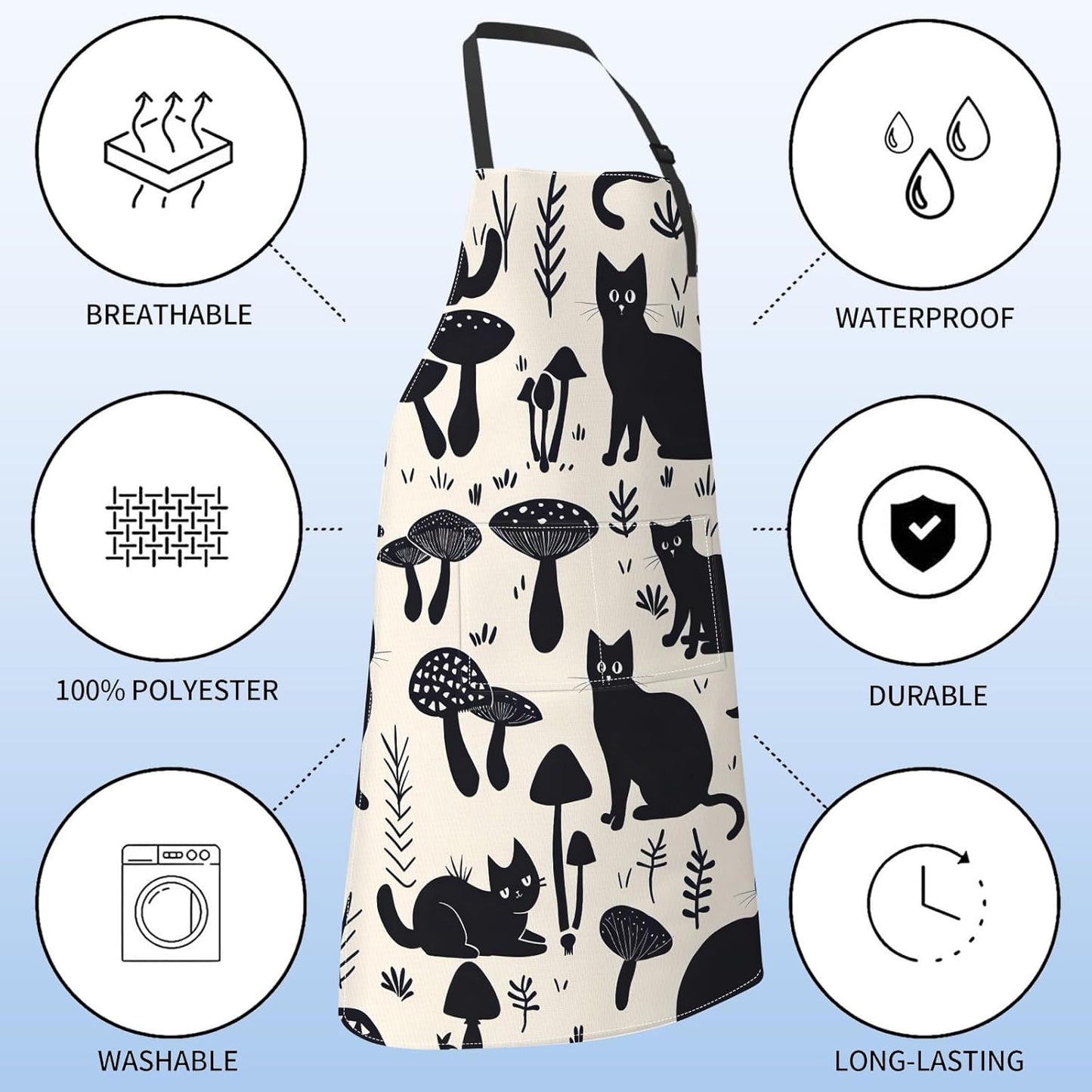 Black Cat Apron for Women with Mushroom,28x33in,Cute Kitten Kitchen Ap