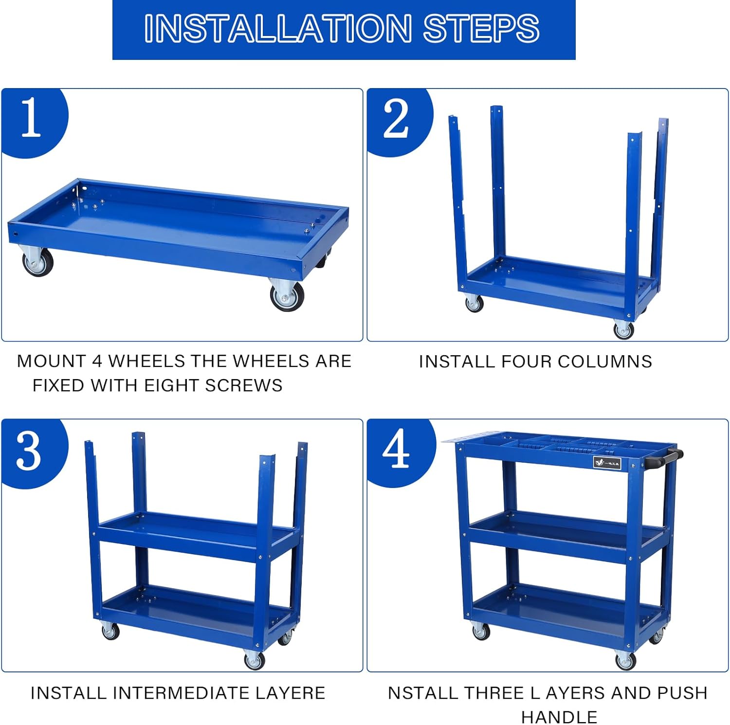 3 Tier Large Capacity Tool Cart, 330 lbs Tool Trolley with Adjustable 