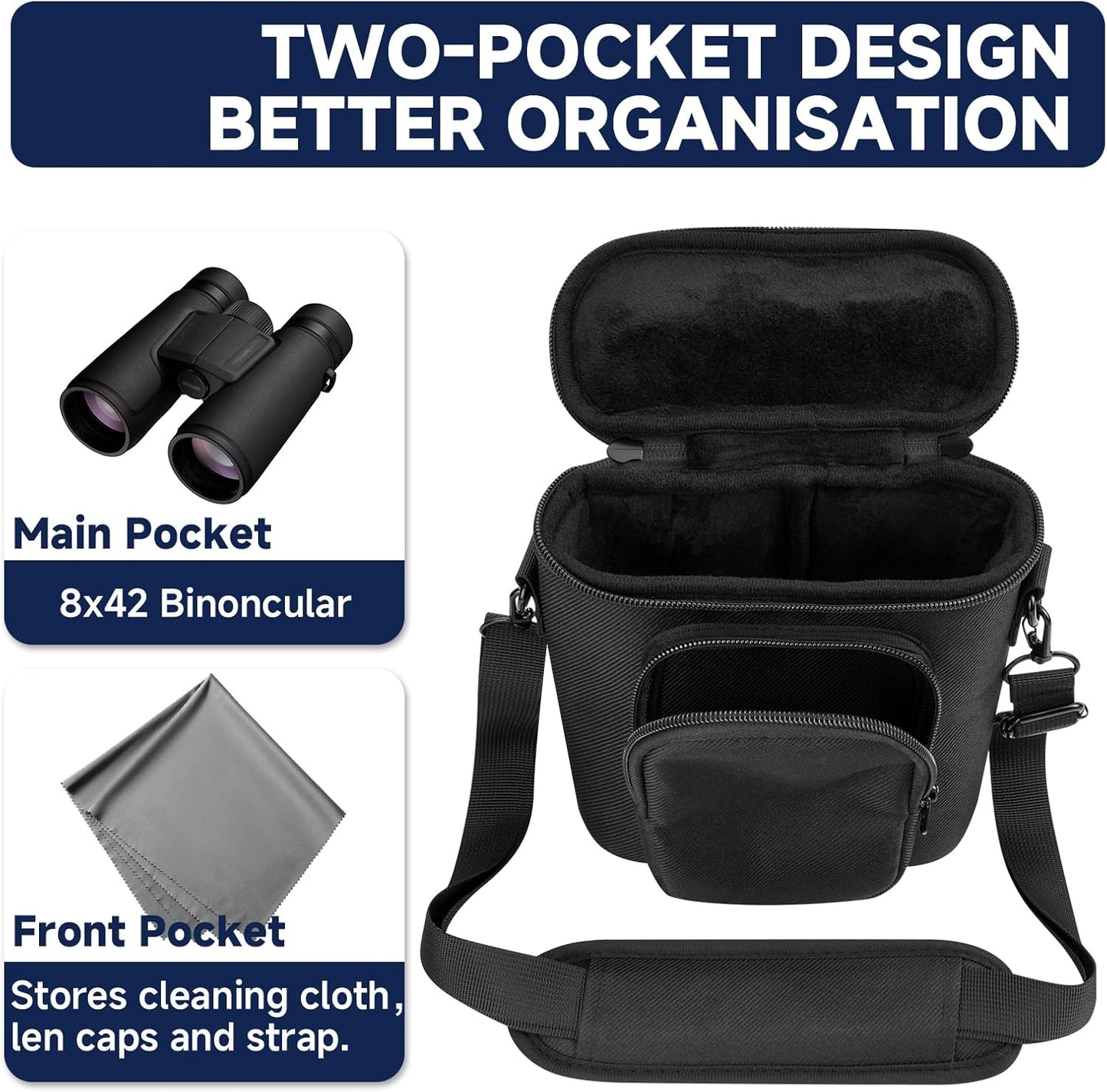 Travel Protective Case for NIKON Monarch M5 M7 8x42 Binocular, Durable Fabric Storage Bag with Shoulder Strap Compatible with Nikon PROSTAFF P3 8x42 10x42 Binocular, Black (Case Only)