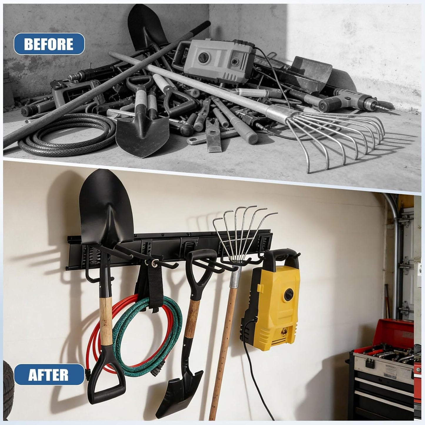 14Pack Garage Storage & Organization Kit, 49.5'' Rails with 11 Adjustable Hooks, Heavy Duty Garage Tool Organizer Wall Mount, Space-Saving Garage Wall Hook Rack for Garden Yard Tool Shed, Up to 520lbs