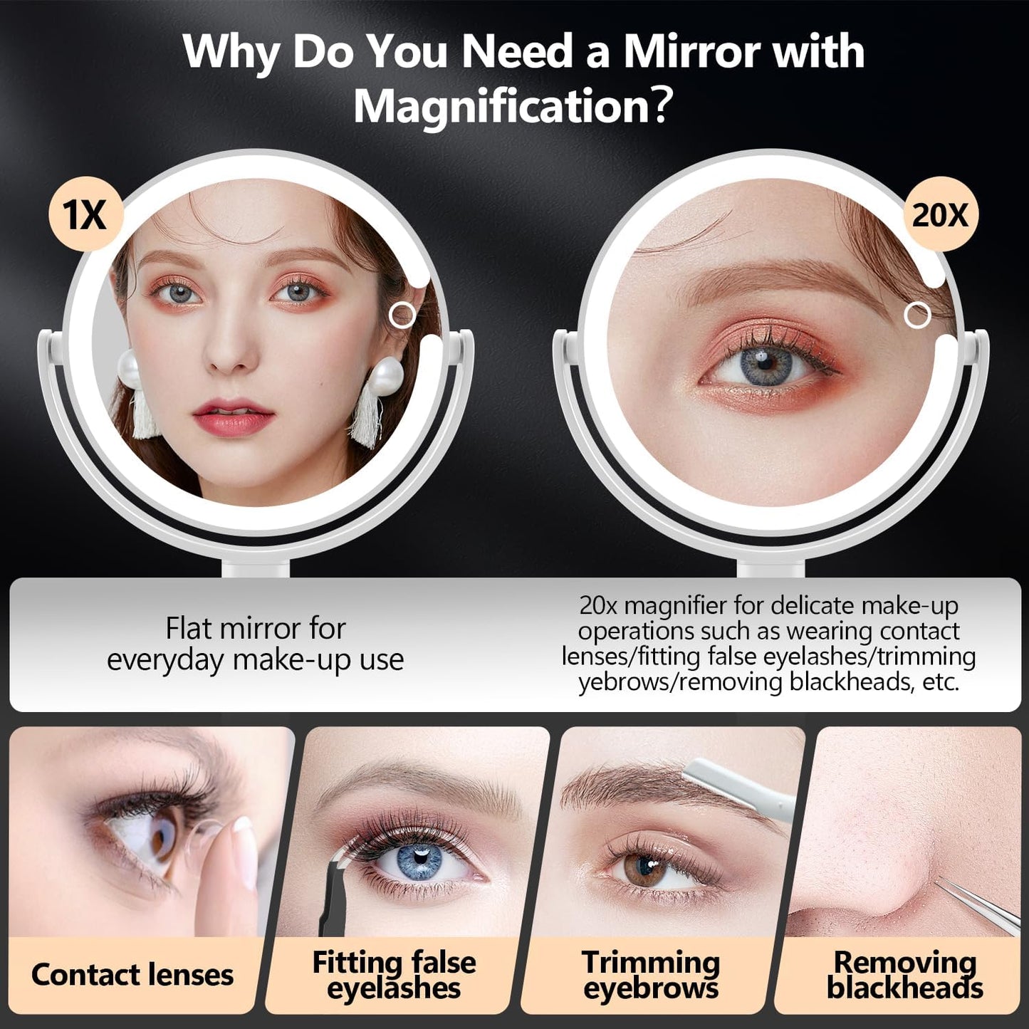 MIYADIVA Makeup Mirror with Lights,20X Magnifying Mirror with Light and Touch Switch,Vanity Mirror with 3 Color Light and 80 LEDs,2-Sided Lighted Magnified Mirror 8.8 Inches