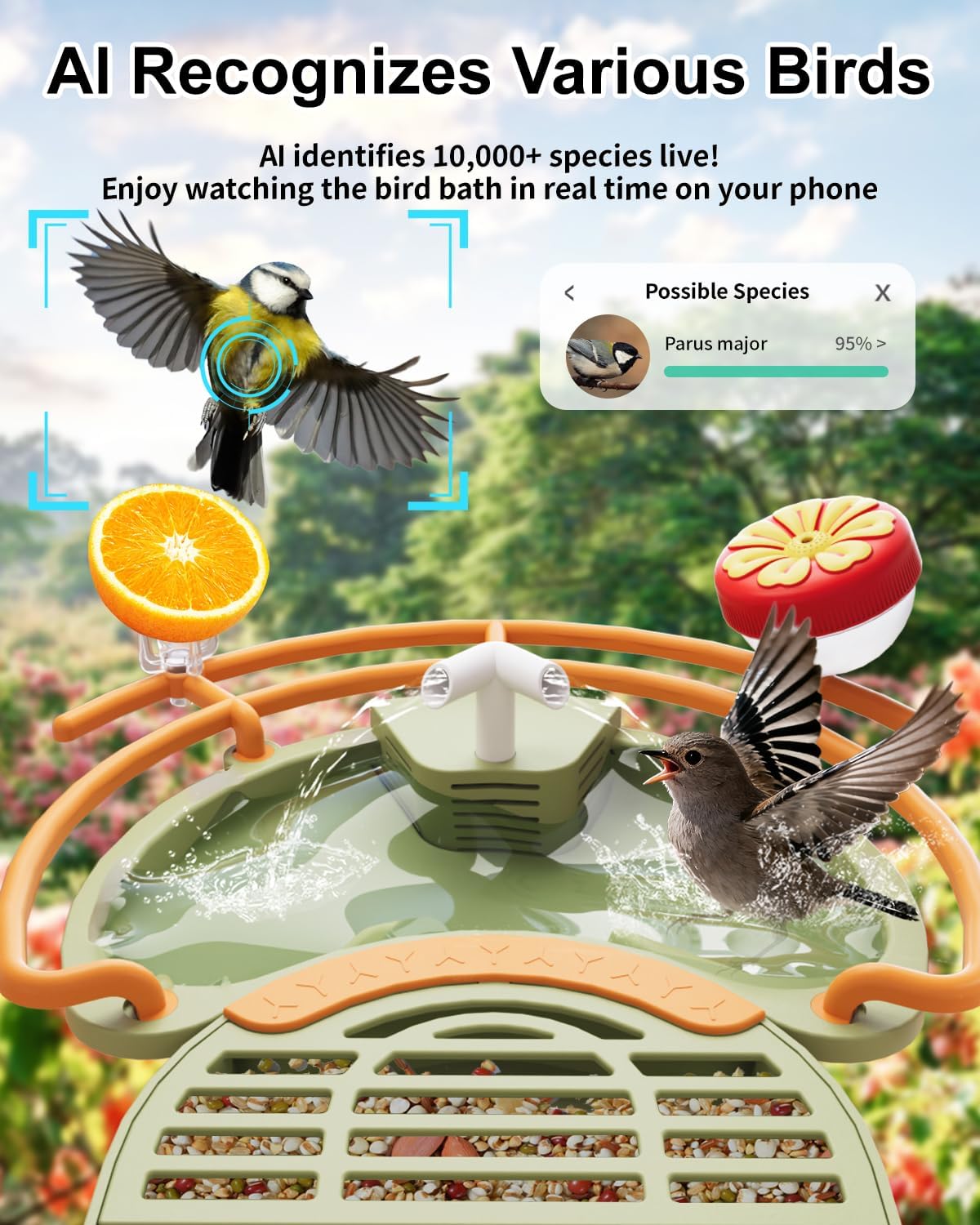 Bird Feeder with Camera, Smart Birdfeeder with Cam Solar Powered, 2K HD Video, AI Identification, Instant Arrival Alerts, IP66 Bird Bath & Feeder,Gift for BirdLover (with Pump, Green)