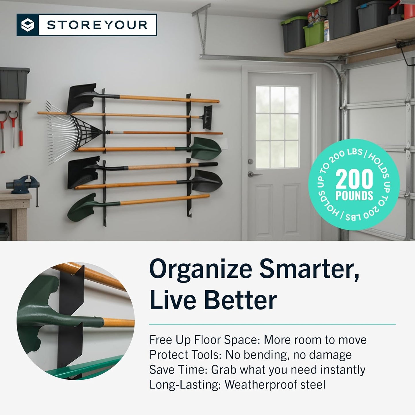StoreYourBoard Horizontal Shed Tool Organizer - Garage Organization Wall Mount Tool Storage Rack - Heavy Duty Steel Tool Organizers and Storage for Shovels, Rakes, Brooms, Mops - Holds Up to 200 lbs