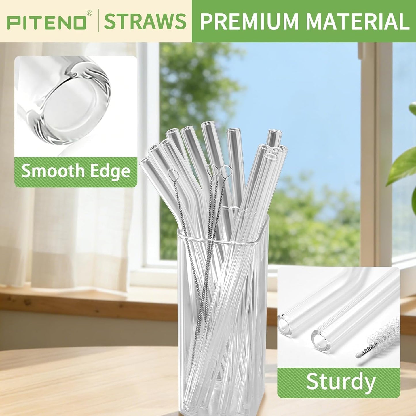 Piteno® 16-Pack Reusable Glass Straws Set, Clear Glass Drinking Straws, 8.5''x10MM, Set of 6 Straight and 6 Bent with 4 Cleaning Brushes, Perfect for Smoothies, Milkshakes, Juice, Tea