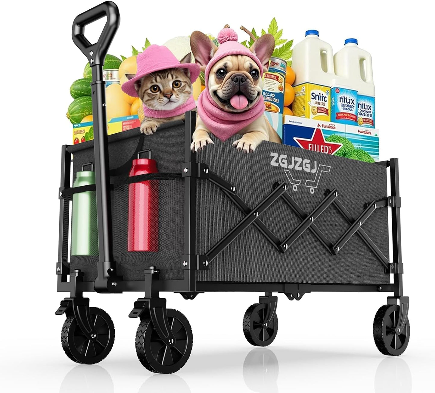 Collapsible Wagon with Wheels, Heavy Duty Folding Utility Cart with Wheels for Shopping, Garden Work, Cargo Transport, Easy Storage and Maneuver