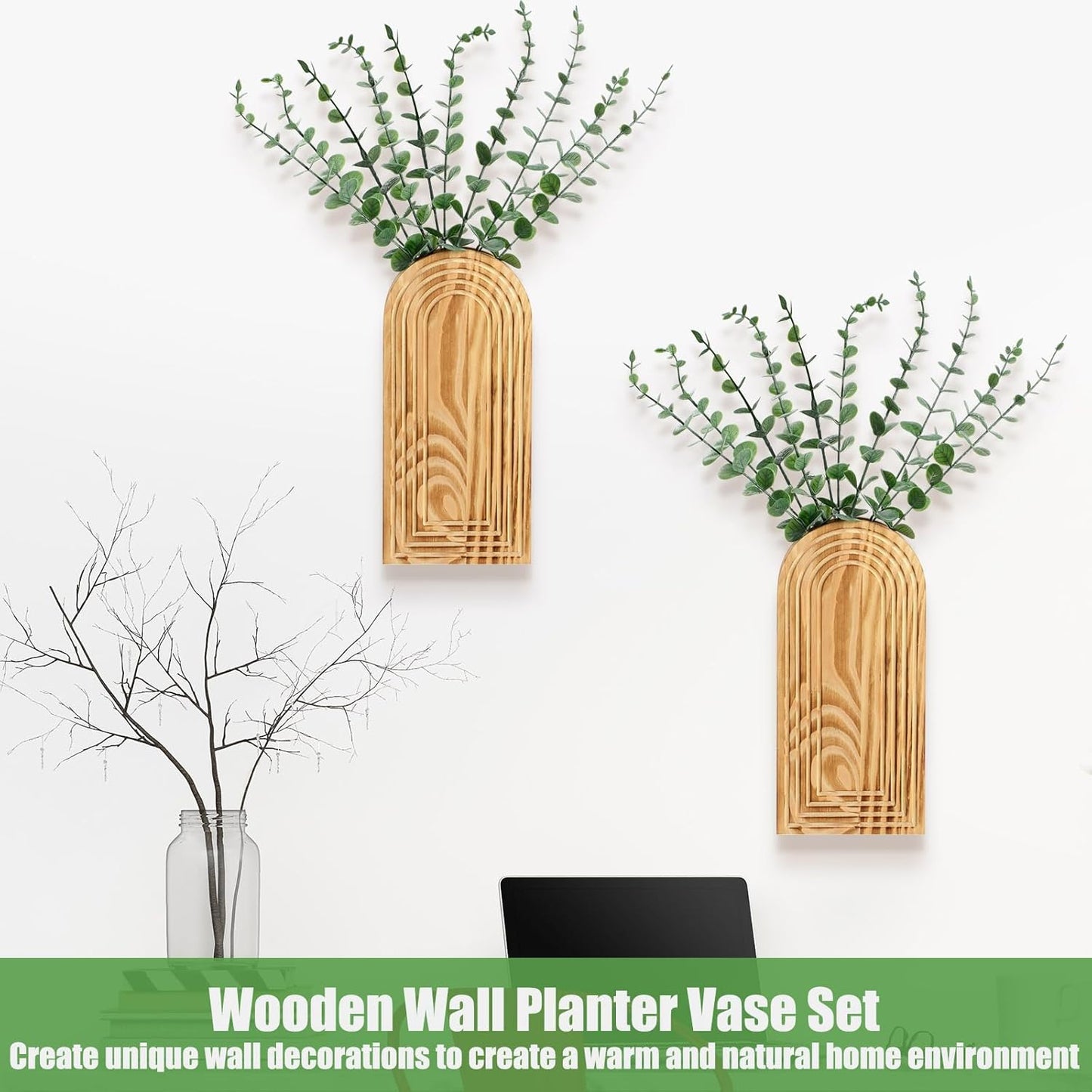2 Pack 15" Wooden Wall Vase with 20 Pcs Artificial Eucalyptus Leaves Stems Planter, Boho Modern Farmhouse Bathroom Hanging Planter for Wedding, Hallway, Bedroom, Living Room