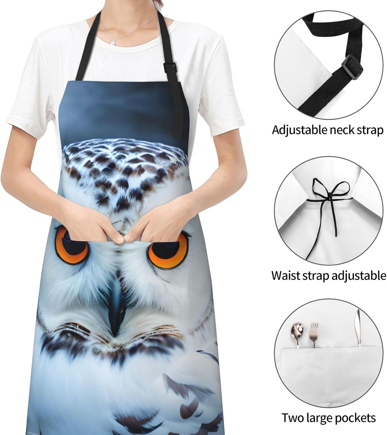 Snowy Owl Eyes print Waterproof chef's apron with pocket apron for kitchen cooking baking barbecue and gardening