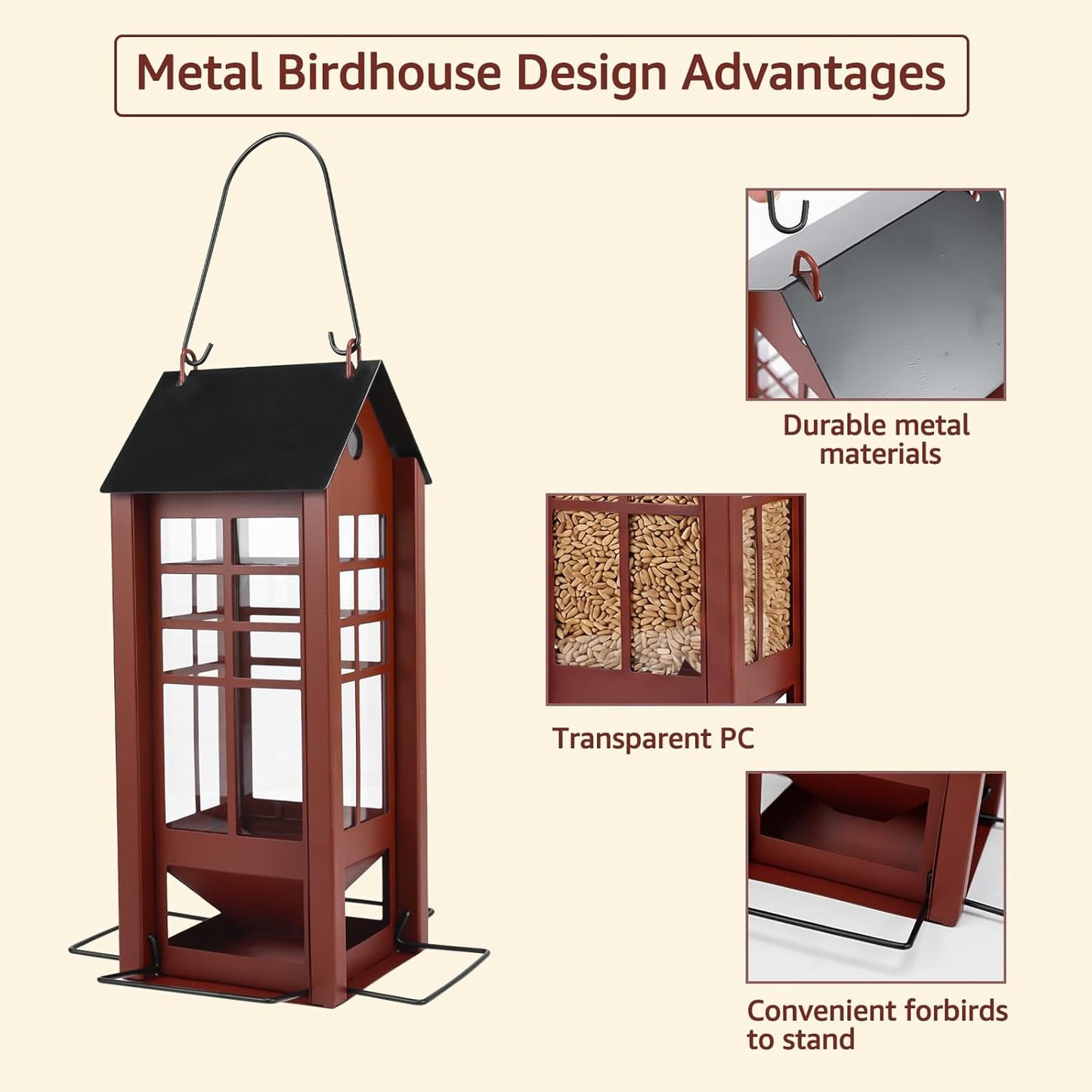 Rectangular Hanging Bird Feeder for Outdoor Use, Metal Bird Feeder with Multiple Feeding Ports, Seed Feeder for Wild Birds, Garden Yard Patio Bird Feeder