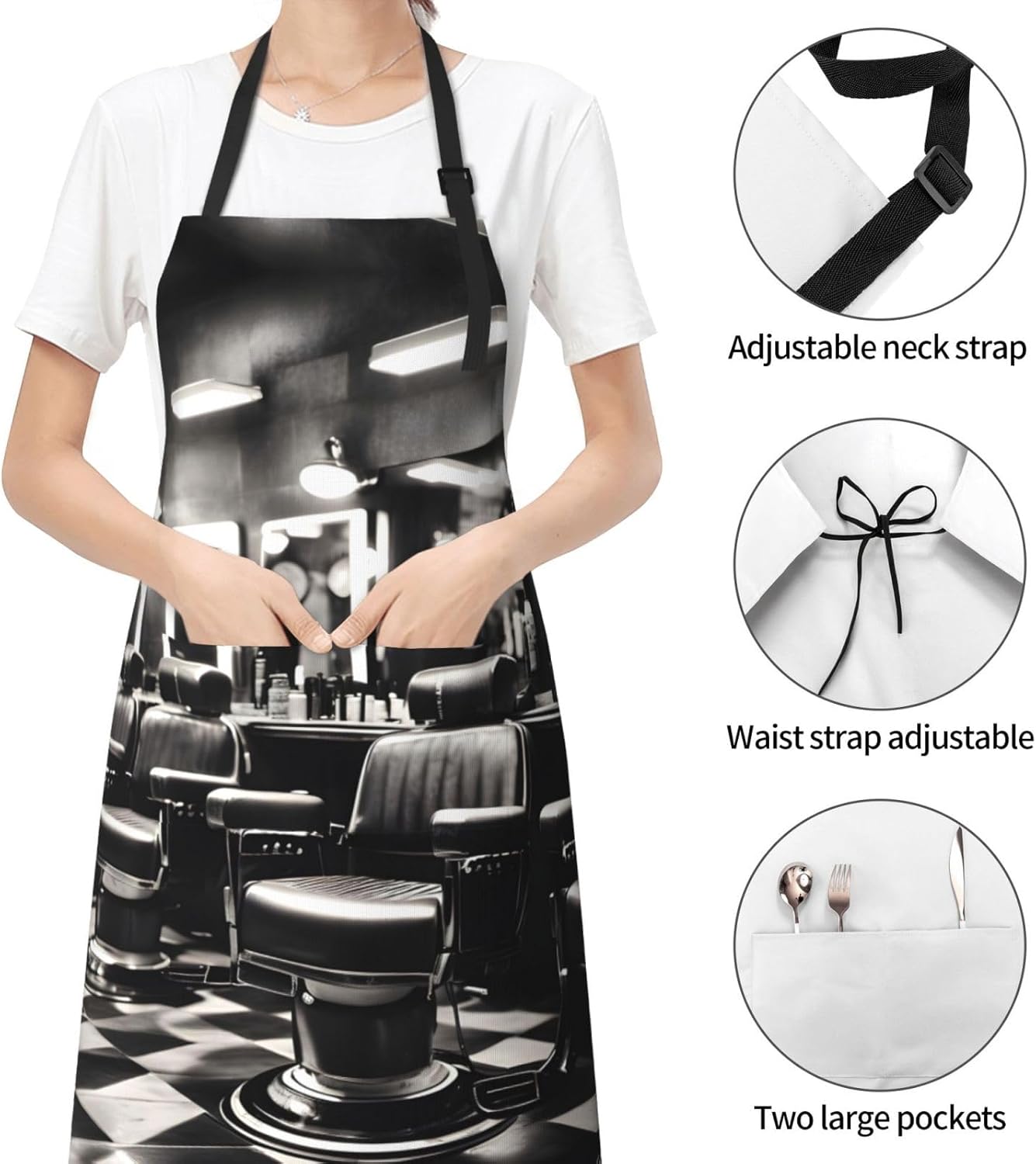 Barber Shop Monochrome Style Print Laundry apron 28x33 In Waterproof Kitchen Apron with Pockets for Cooking Baking