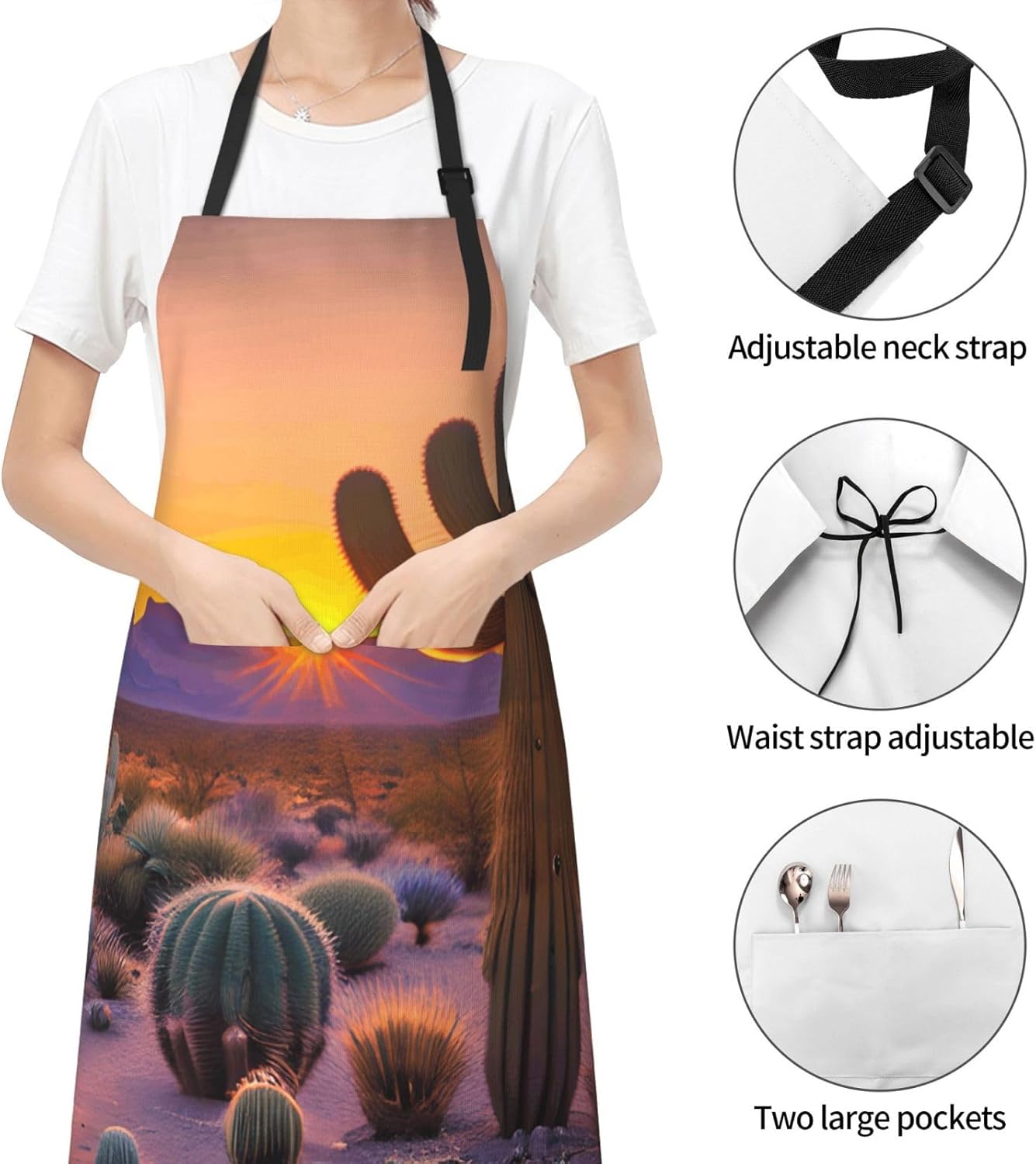 YANYU Cactus Desert Sunsets Print 28x33 In Kitchen Apron Stylish Chef Apron with Pockets for Cooking Baking Painting