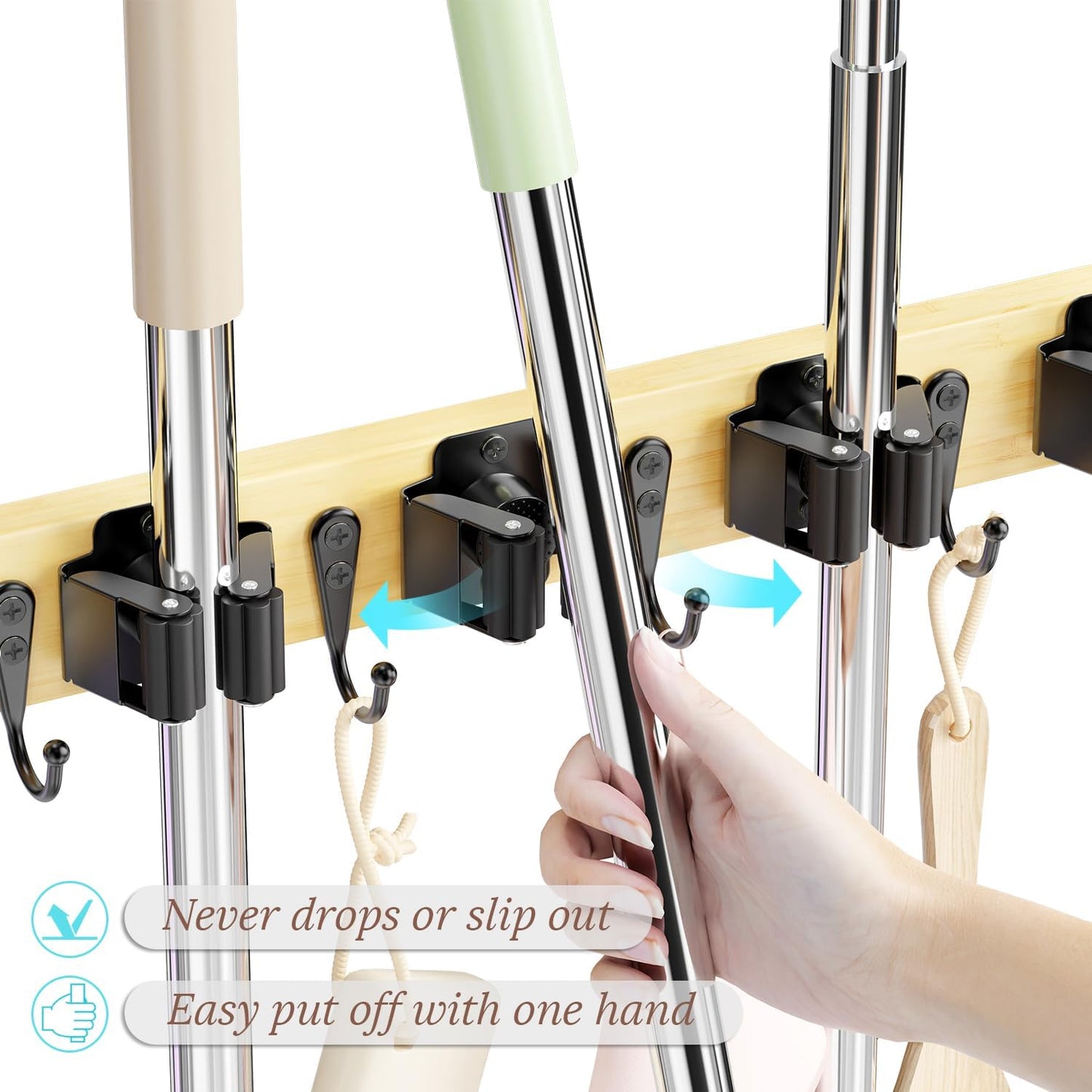 Mop and Broom Holder Wall Mount - Bamboo Broom Mop Hanger - Wall Mounted Garden Tool Rack Organizer for Closet Garage Laundry Room Kitchen Decor With 5 Slots & 4 Hooks (Bamboo)