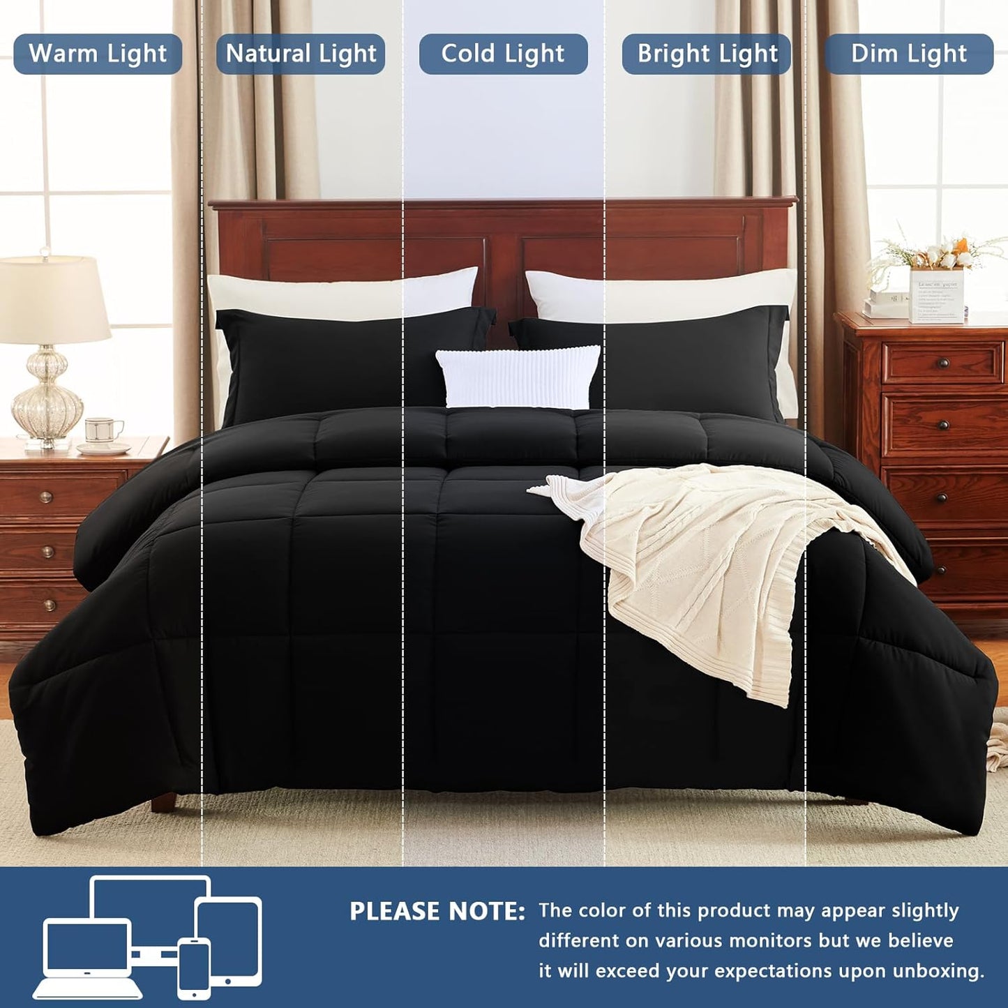 CozyLux Queen Comforter Set Black - 3 Pieces Box Stitched Comforters Queen Size, Soft Bed Set for All Seasons, Lightweight Bedding Sets with 1 Down Alternative Comforter and 2 Pillow Shams