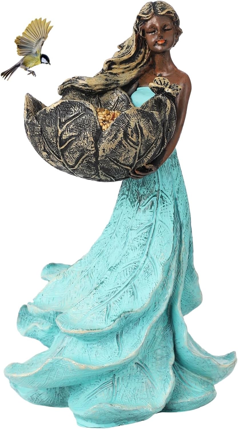 Fairy Garden Statue Bird Feeder, Resin Outdoor Bird Feeder Sculpture, Goddess Statue Decorative Birdbath, Weatherproof Yard Art, Fairy Figure for Patio, Porch, Lawn, Entryway