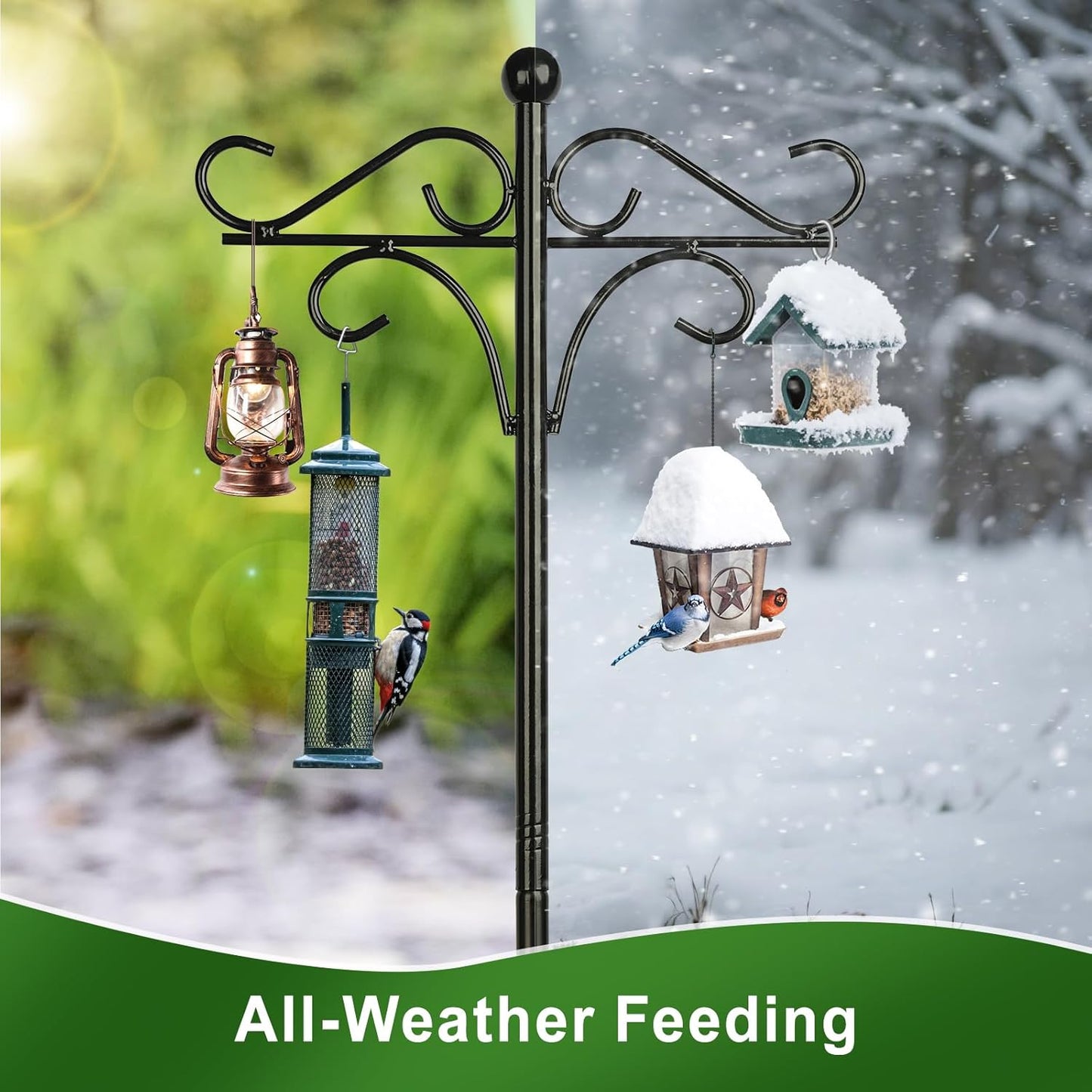 Shepherds Hook Bird Feeder Pole for Outdoor, 46 Inch Tall Heavy Duty Feeder Pole with 4 Hook for Hanging Bird Feeders, Hummingbird Feeder, Plant Baskets
