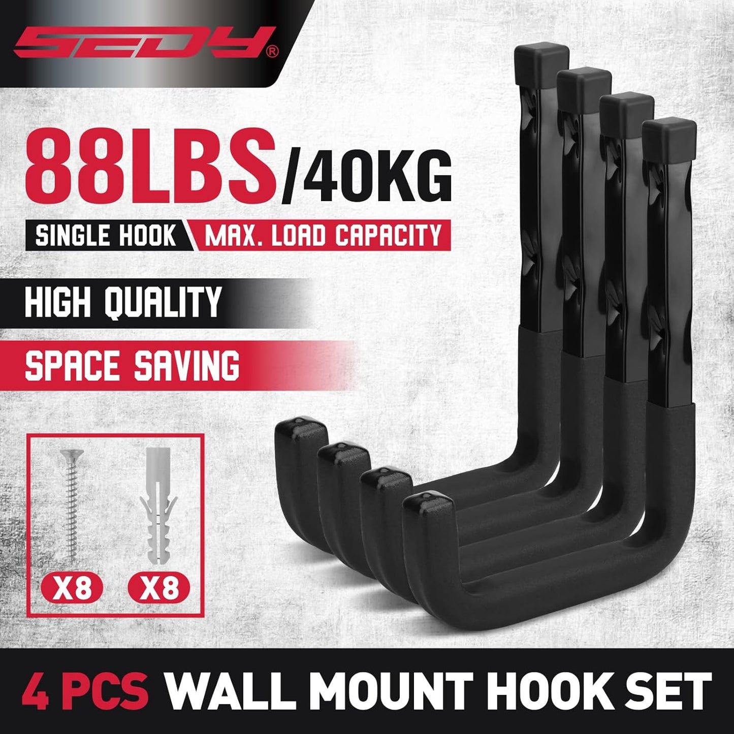 SEDY Heavy Duty Garage Storage Hook: 4-Piece 6" Wall Mount J Utility Hooks Holds 88 LB, Large Metal Garage Storage Ladders Hook, Utility Hooks for Bikes, Garden Tools