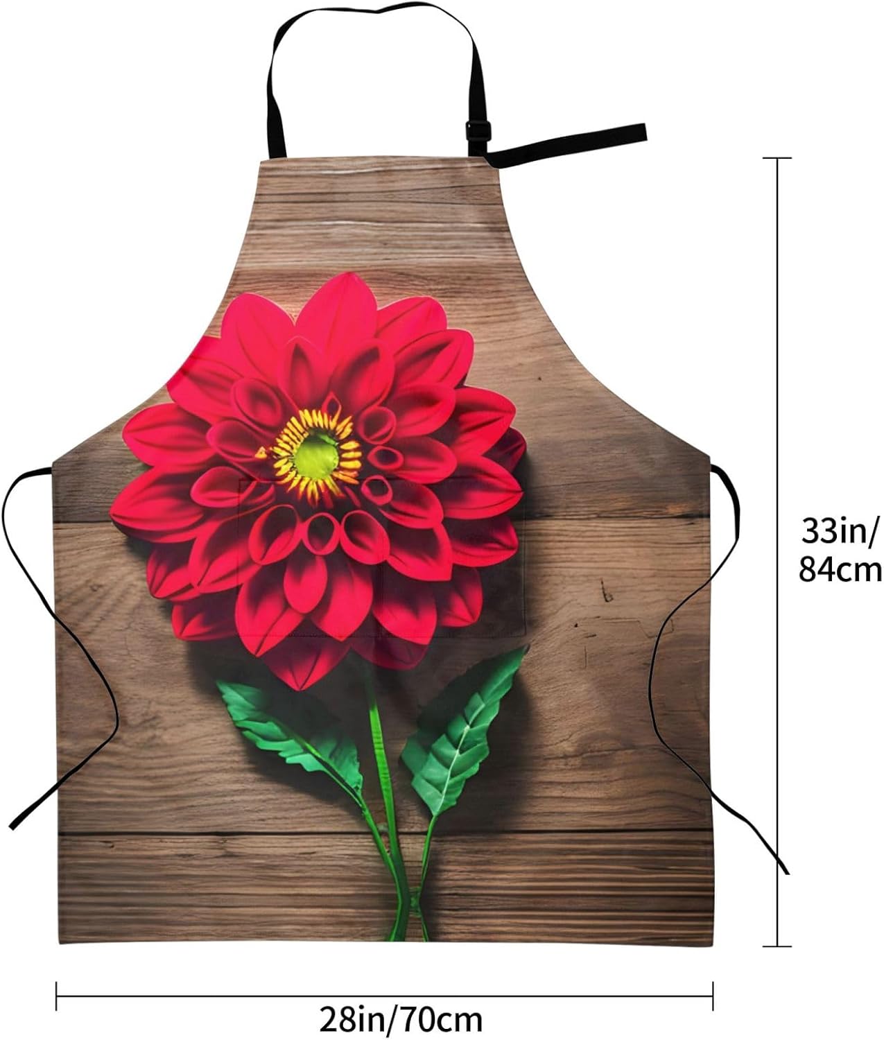 Wooden Board Retro Flower Red Dahlia print Waterproof chef's apron with pocket apron for kitchen cooking baking barbecue and gardening