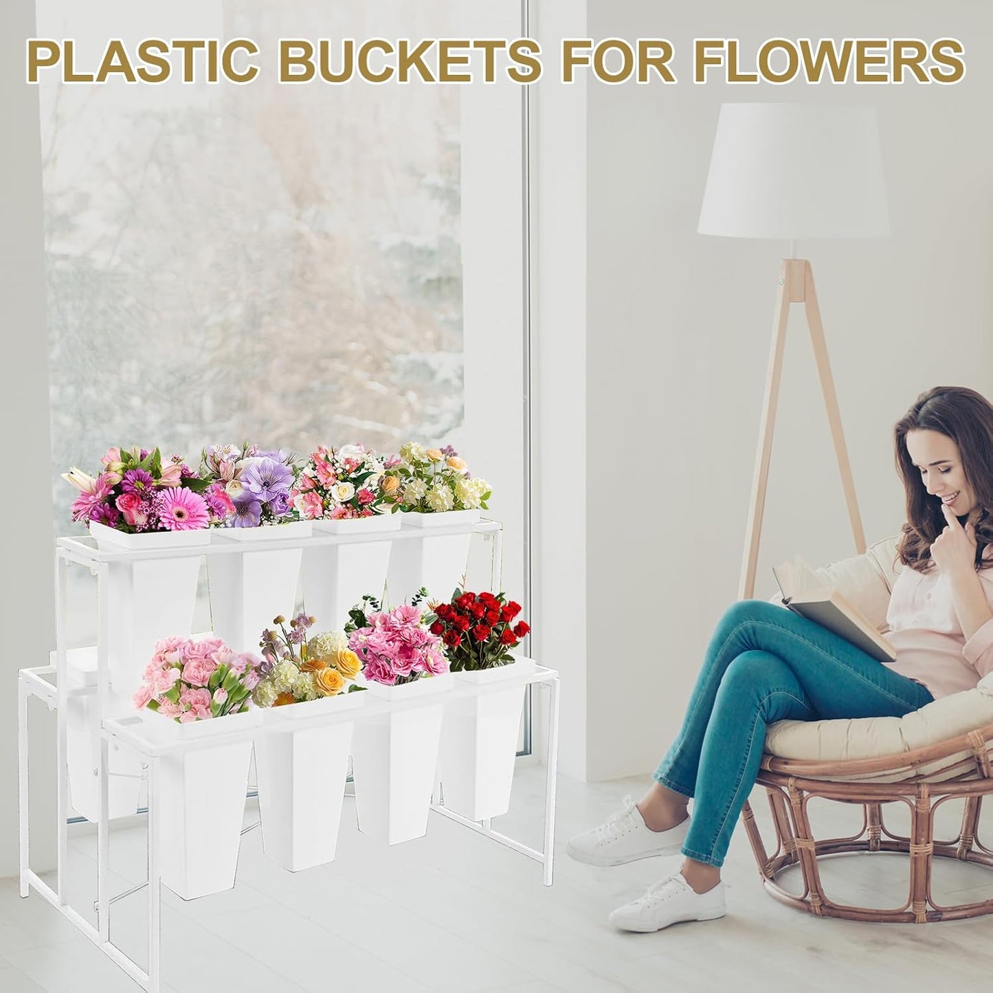 Homegroove 12 Pcs Plastic Flower Buckets, 13.4 Inch Square Floral Display Stand, Tall Vase for Cut Flowers, Indoor/Outdoor Home Wedding Bar Supplies