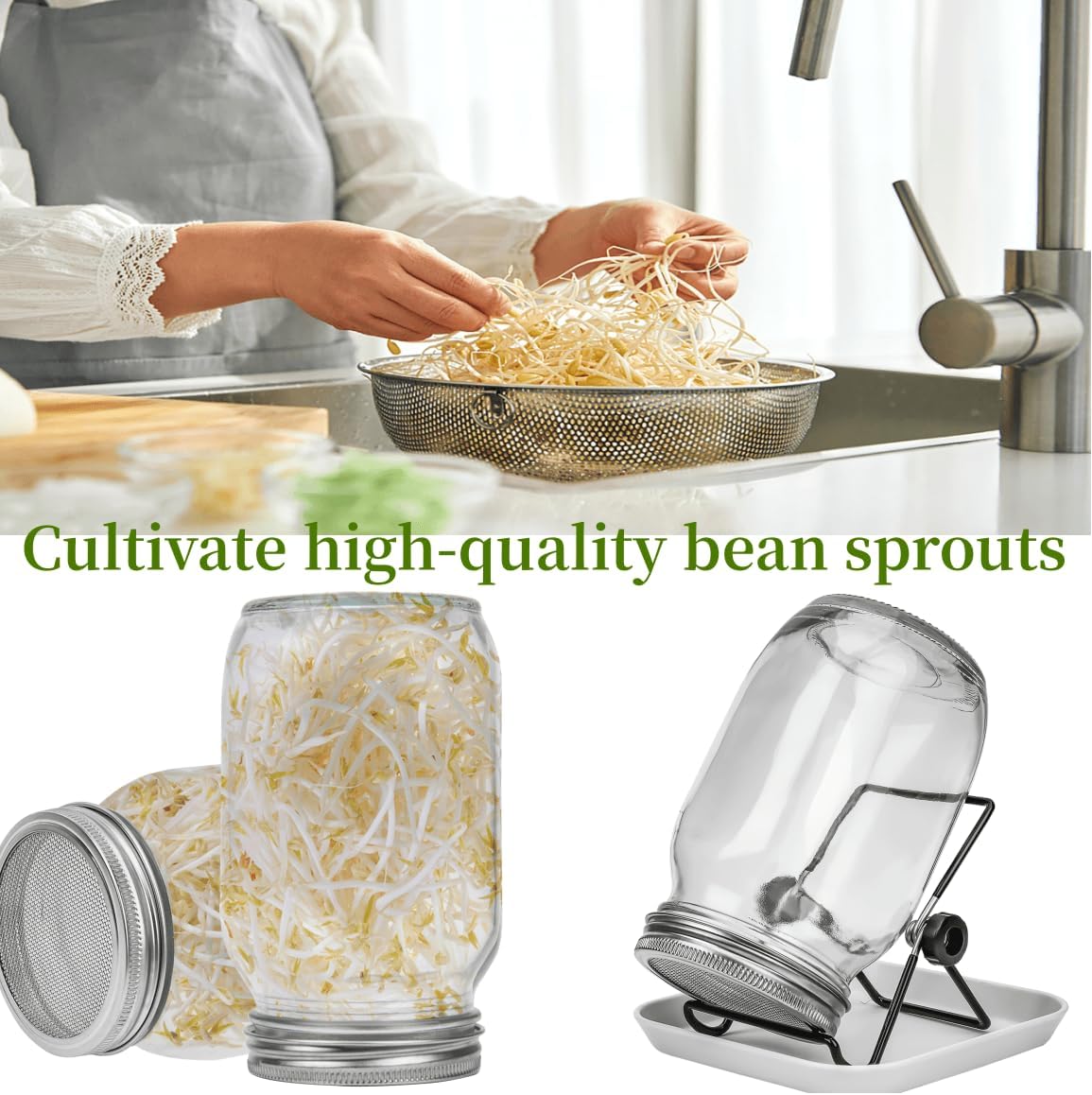 Lulonpon 4 Sprouting Jar Kit, Wide Mouth Quart Mason Jars with Stainless Steel Screen Sprout Lids, 86mm,1000ml,Stand,Tray and Canning Brush,Seed Sprouter Set for Growing Broccoli, Alfalfa