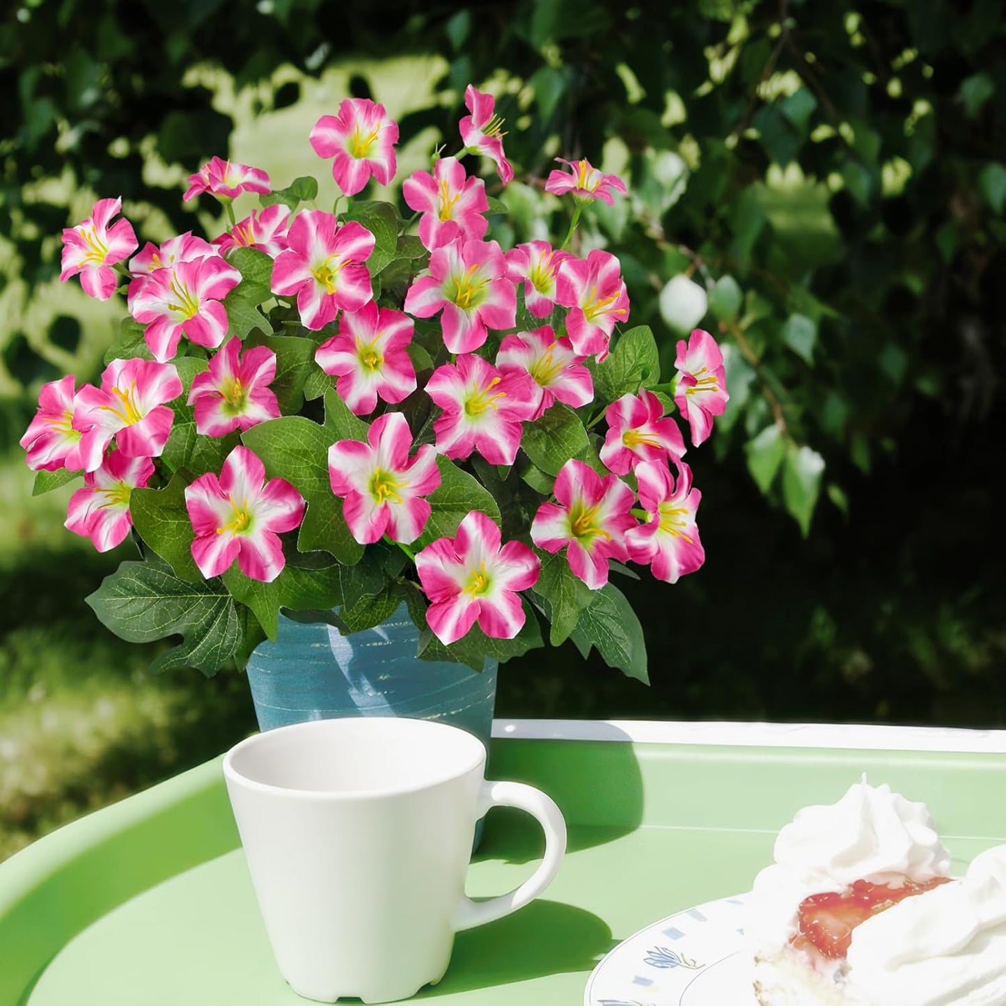 2Pcs Artificial Flowers with 7 Branches Fake Petunias Plants Outside Rose Red Silk Morning Glory UV Resistant Realistic Faux Tropical Flowers for Planter Outdoors Porch Patio Yard Garden Window