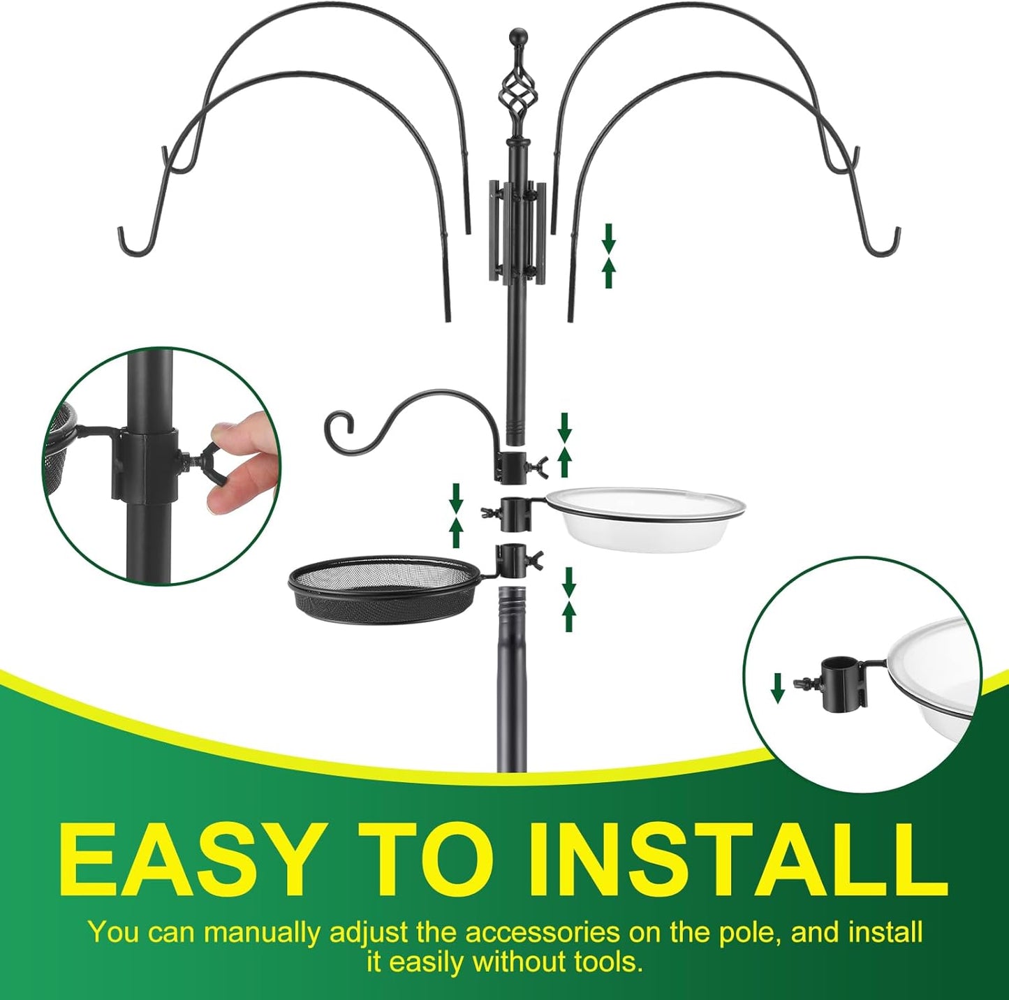 Adjustable Shepherd Hook Stand, 34"- 55" Black Iron Shepherd Hook with Base for Plant Hanging, Wind Chime & Bird Feeder - Outdoor Garden Porch Decoration(Elegant Style)