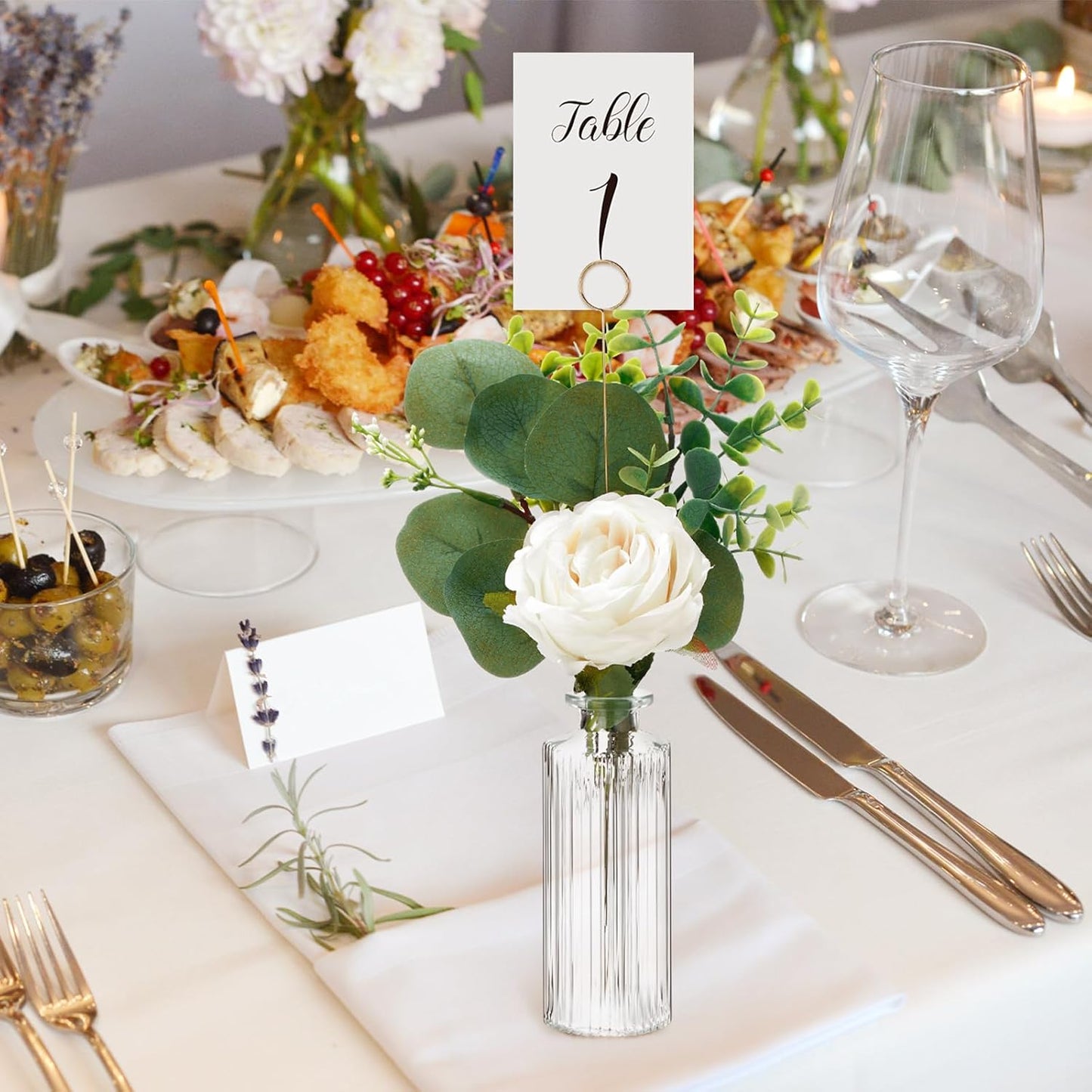 12 Set Artificial Flowers with Vases and Table Number Holder 72 Pcs Glass Bud Vases, Fake Plants and Card Holder Picks Flower Table Centerpieces DIY Set for Wedding Home Dining Party Decor