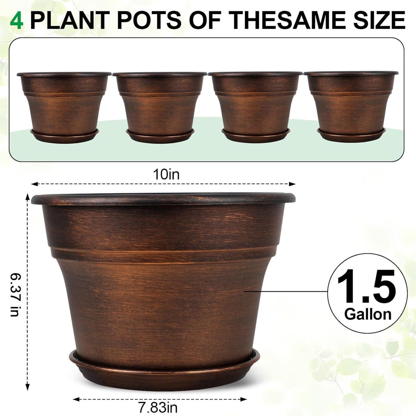 10 Inch Planters Plant Pots Indoor Outdoor, 4 Pack Plastic Flower Pot 