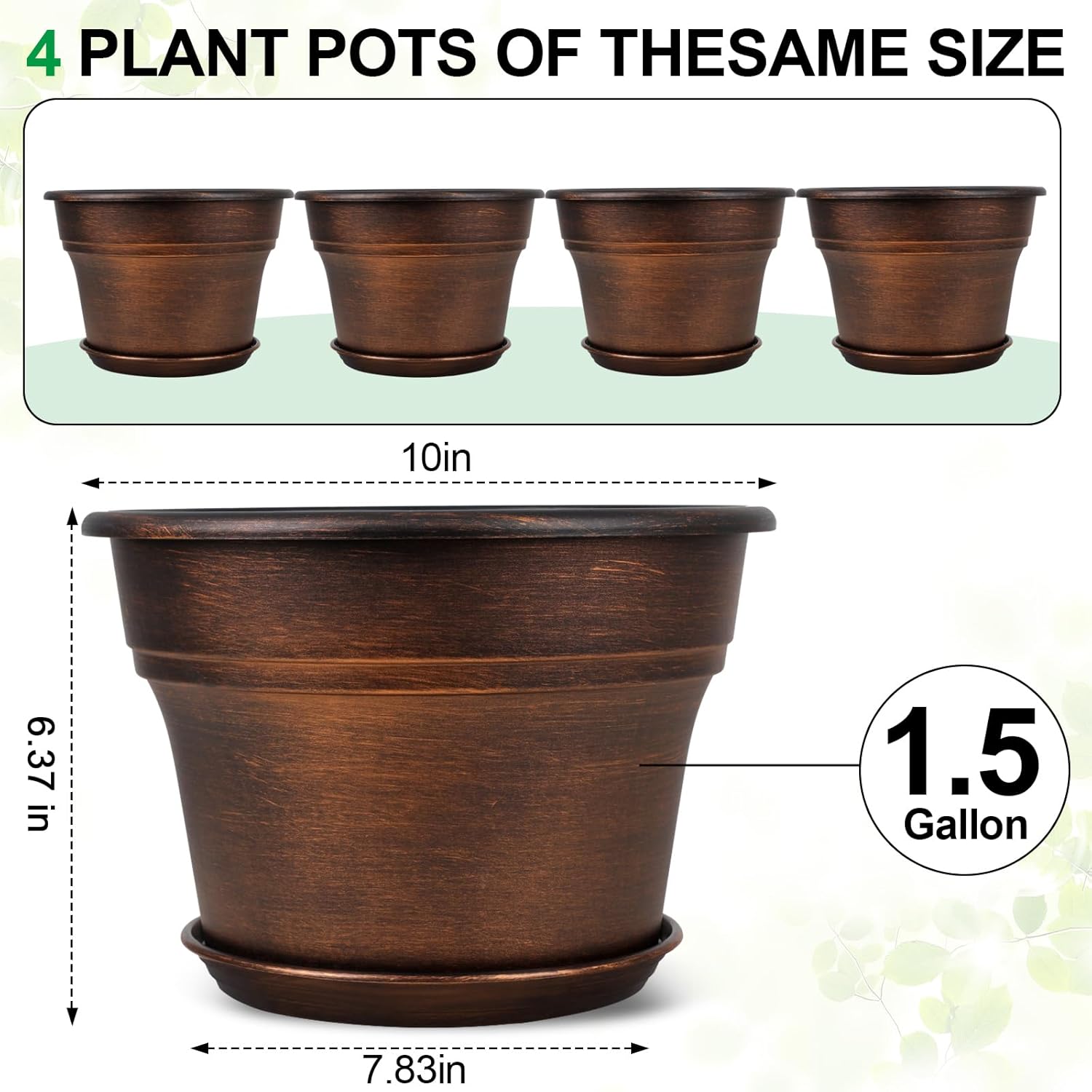 10 Inch Planters Plant Pots Indoor Outdoor, 4 Pack Plastic Flower Pot 