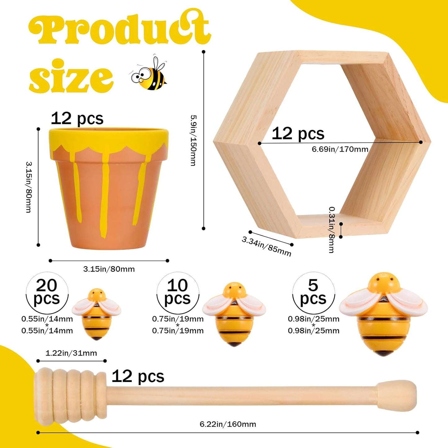 12 Set Ceramic Mini Honey Bee Pots with Honeycomb Stand Dippers Bee Charms Cupcake Planter Hexagon Display Holder Honey Party Favors for Baby Shower Guests Wedding Birthday Party Decor