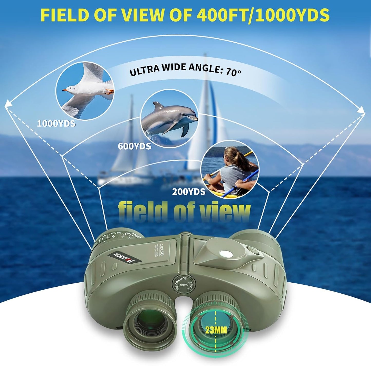 10X50 Waterproof Fogproof Military Marine Binoculars w/Internal Rangefinder & Compass, Marine Binoculars for Adults with BAK4 Prism FMC Lens for Navigation Bird Watching Hunting