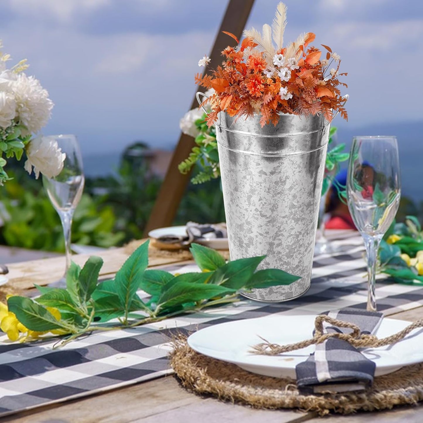4 PCS Flower Buckets Bulk 12 Inch Galvanized Flower Bucket Metal Flower Vase with Handle, Metal Bucket Planter Floral Container for Flowers Arrangements Table Centerpiece Weddings Home (Silver)