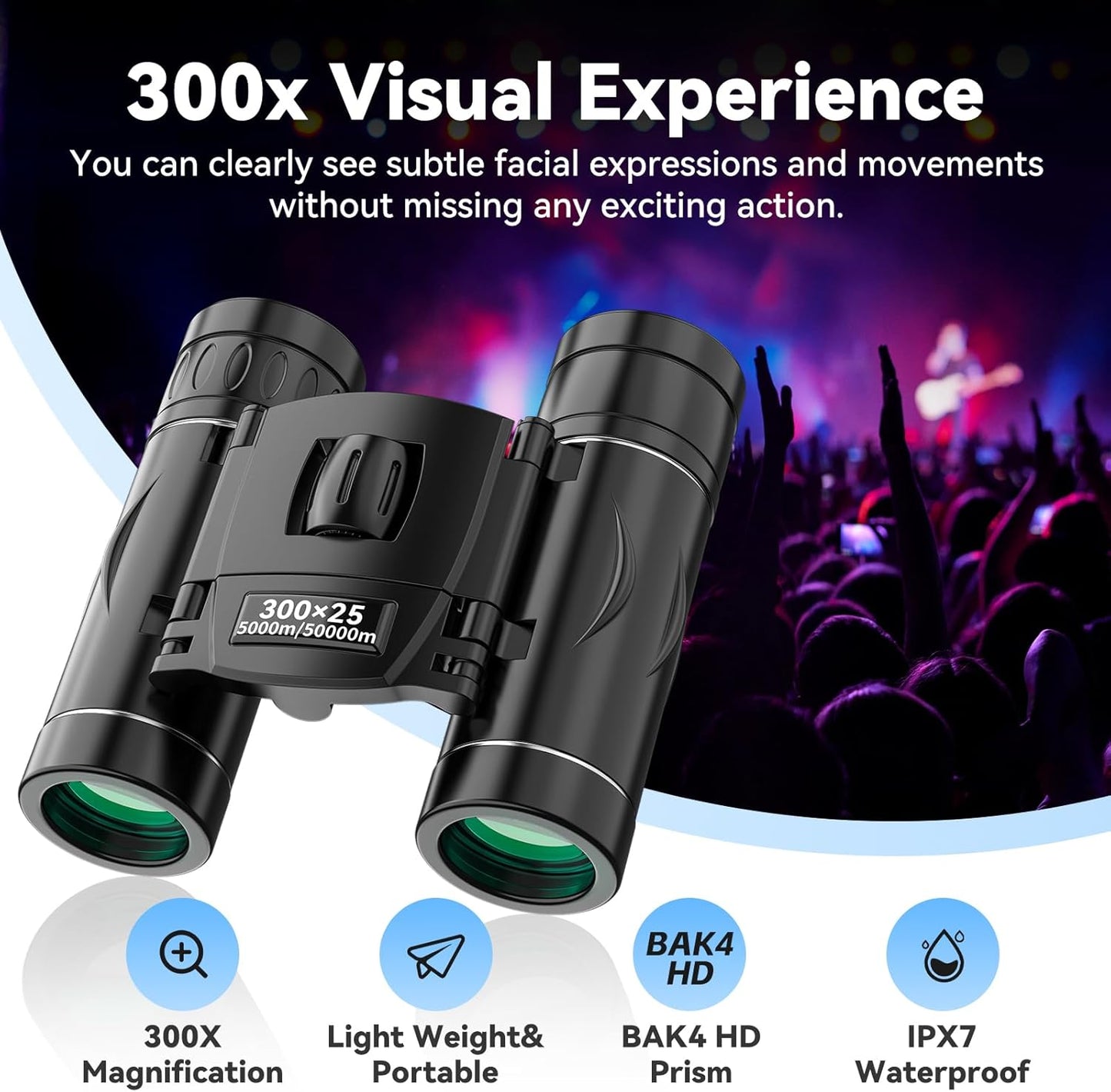 300x25 Binoculars for Adults and Kids, High Powered Mini Pocket Binoculars with Phone Adapter, Waterproof Compact Telescope for Bird Watching, Concert, Theater, Opera, Traveling, Sightseeing