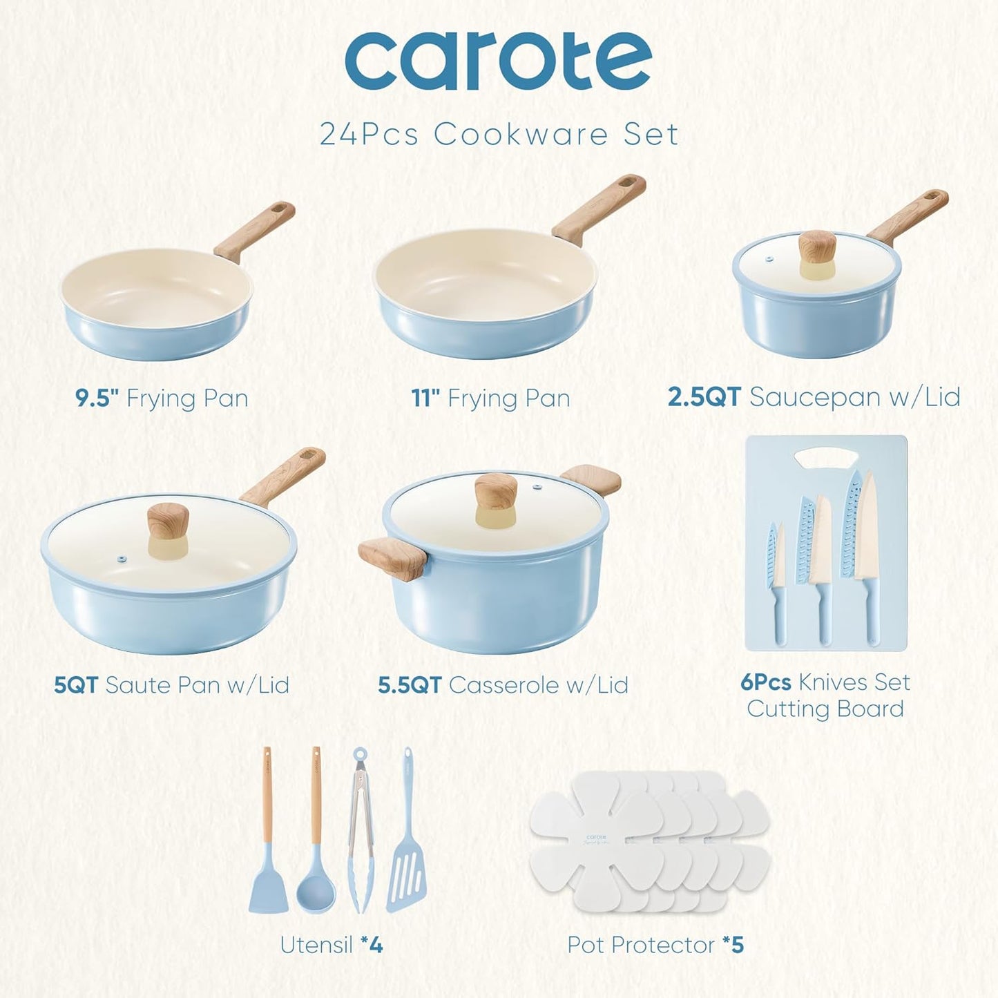 CAROTE 24pcs Ceramic Cookware Set, Pots and Pans Non Stick Kitchen Coo