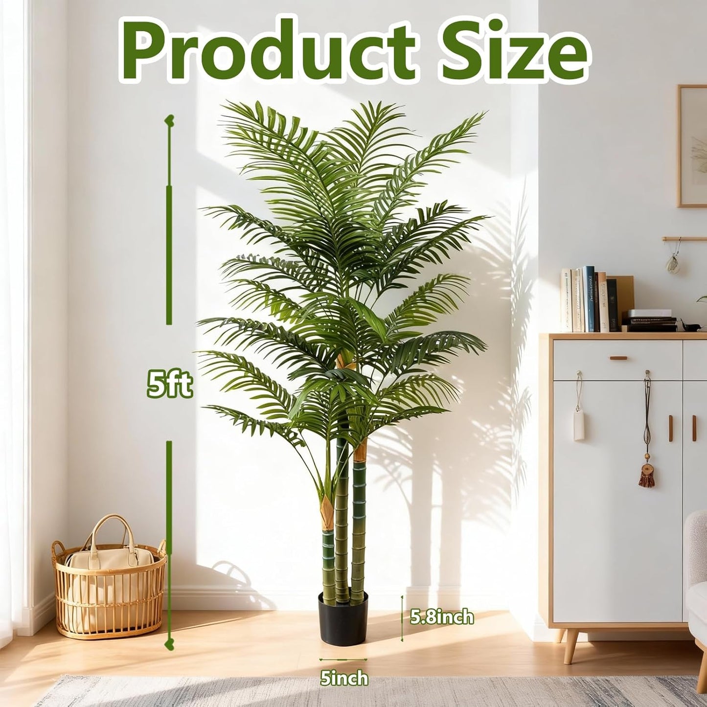 5FT Tall Golden Cane Artificial Palm Tree, Large Faux Palm Tree with 3 Textured Trunks, Outdoor Artificial Plants, Fake Tree for Indoor Office Living Room Outside Patio.