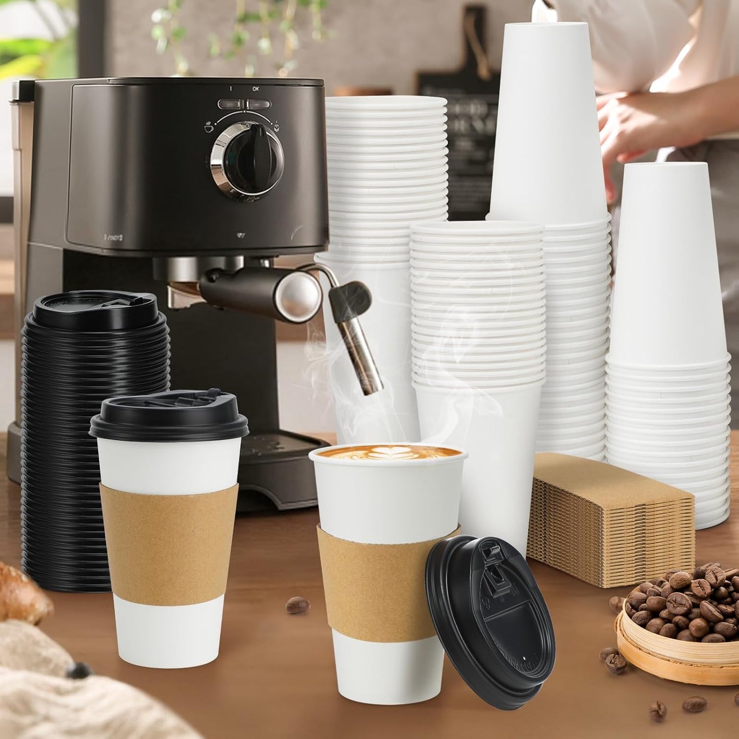 Lamosi 100 Pack 16 oz Disposable Coffee Cups with Lids and Sleeves, Leak-Proof To Go Paper Coffee Cups with Lids, Hot/Cold Beverage White Drinking Cup for Home, Office, Parties, Travel