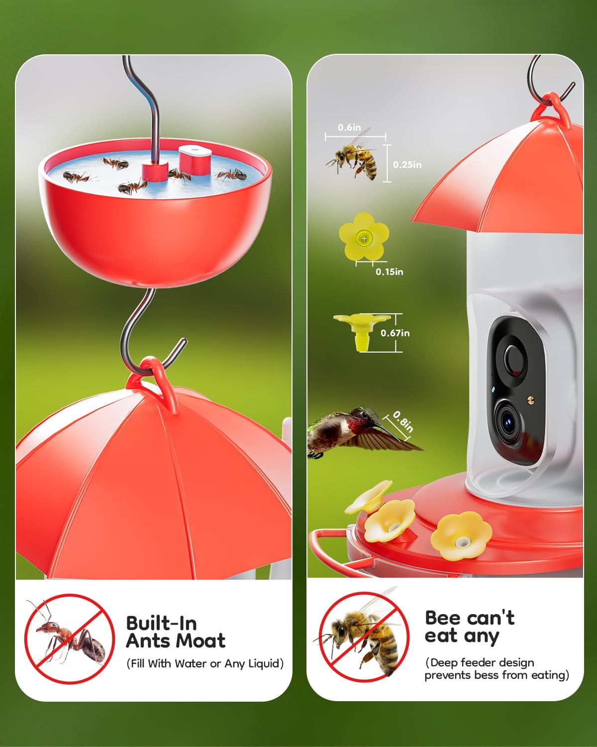 LongPlus® Hummingbird Feeder with Camera, Ant Moat, Bee Proof, Bird Feeder with Camera, Bird Watching Camera with 3 Feeding Ports, Instant Notification, Ideal Gift