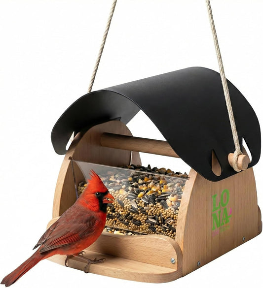 LONA Wooden Bird Feeder for Outdoors Hanging, Large Capacity Hopper with Weatherproof Roof Birdfeeder for Feeding Outside Garden Wild Birds Cardinals Finches Robin Sparrow Blue Jay Chickadees