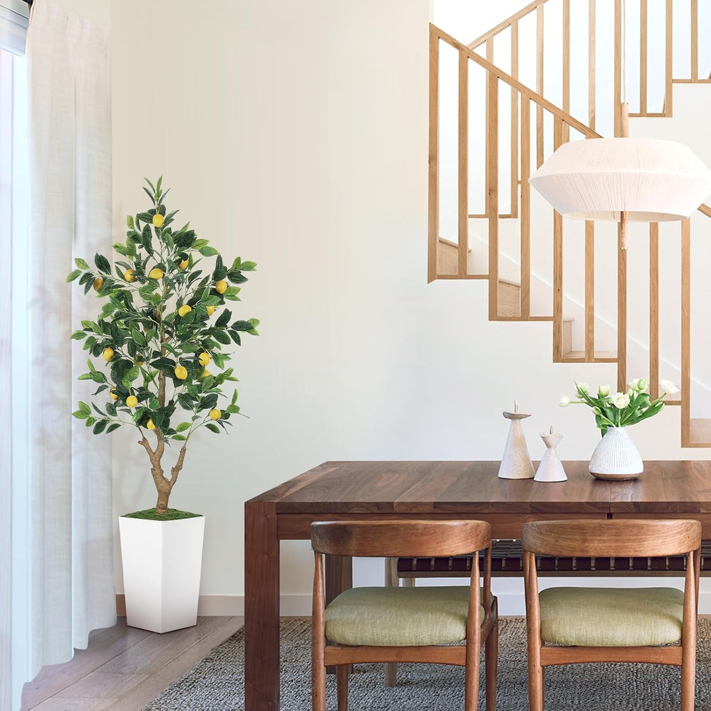 5FT Artificial Lemon Tree with Pot - 60" Fake Lemon Tree with White Tall Planter, Faux Lemon Plant with Realistic Fruits and Silk Leaves, Artificial Plants Indoor for Home Office Kitchen Decor
