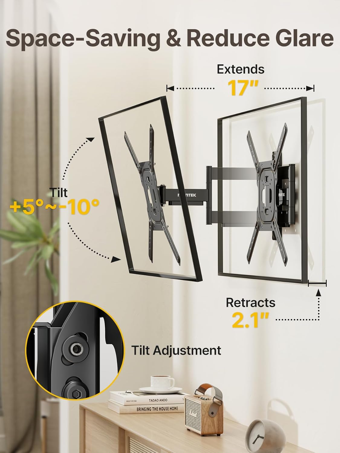 monTEK Full Motion TV Wall Mount for 23–65 Inch Flat & Curved TVs and 