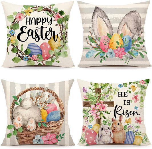 4TH Emotion Gray Easter Pillow Covers 18x18 Set of 4, He is Risen Bunny Floral Eggs Farmhouse Decorations Spring Holiday Decor Throw Cushion Case for Home Couch TH211