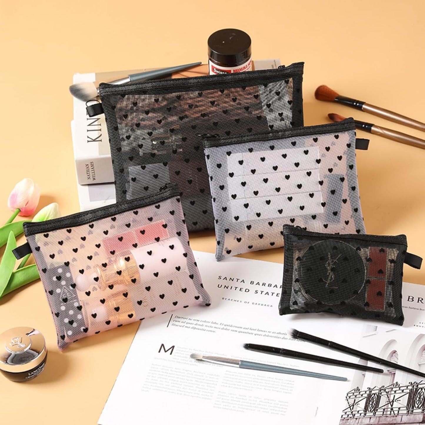 4-Piece Heart Printed Mesh Makeup Bag Set, Portable Travel Mesh Cosmet