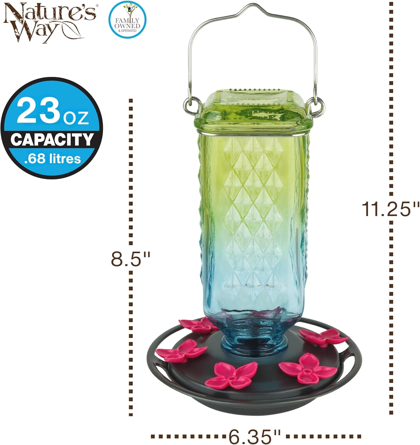 Seafoam Ombre Column Gravity Glass Hummingbird Feeder for Outdoor Décor, 23 oz Nectar Feeder with 6 Flexible Flower Ports, Continuous Perch Ring & Easy-Clean Two-Part Base, Bee-Resistant Design