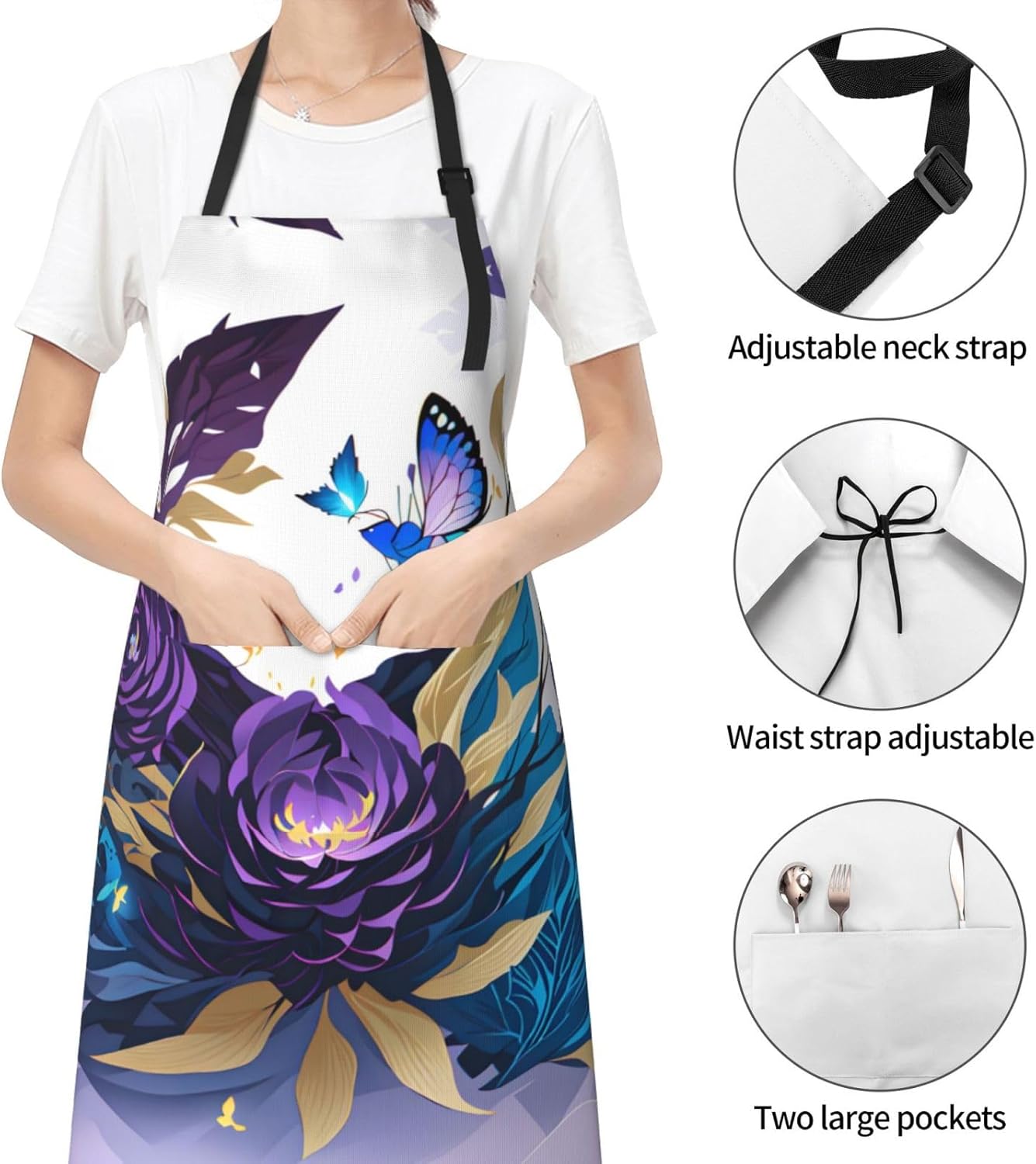 Purple Butterfly print Waterproof chef's apron with pocket apron for kitchen cooking baking barbecue and gardening
