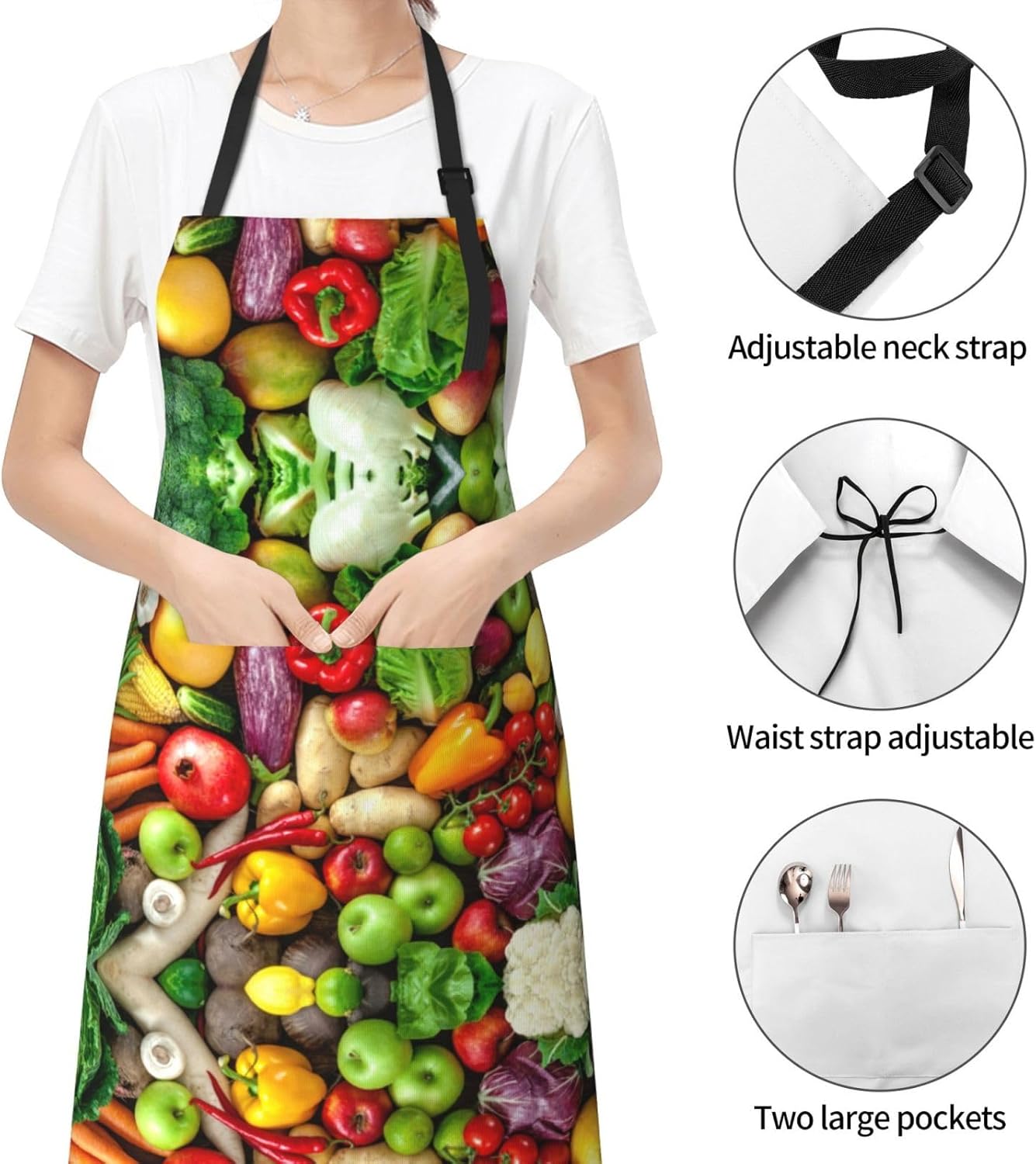 Fresh Fruits and Vegetables print Waterproof apron with pocket adjustable cooking apron for adult kitchen bibs to bake