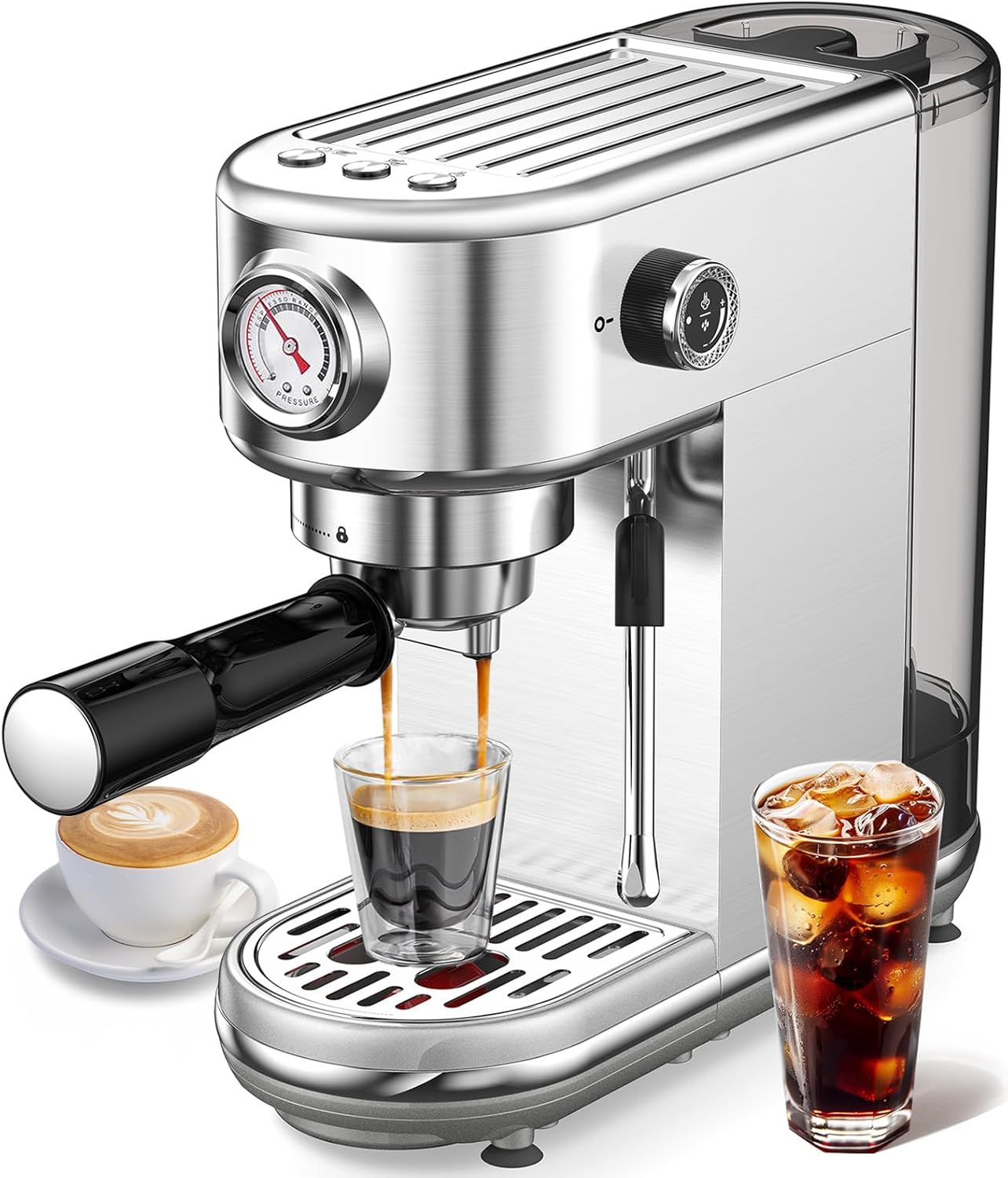 Espresso Machine with Milk Frother, 20 Bar Pressure Espresso Maker, with 44OZ Removable Tank, Compact Stainless Steel Coffee Machine for Home, Office, Latte, Cappuccino, Macchiato, Silver