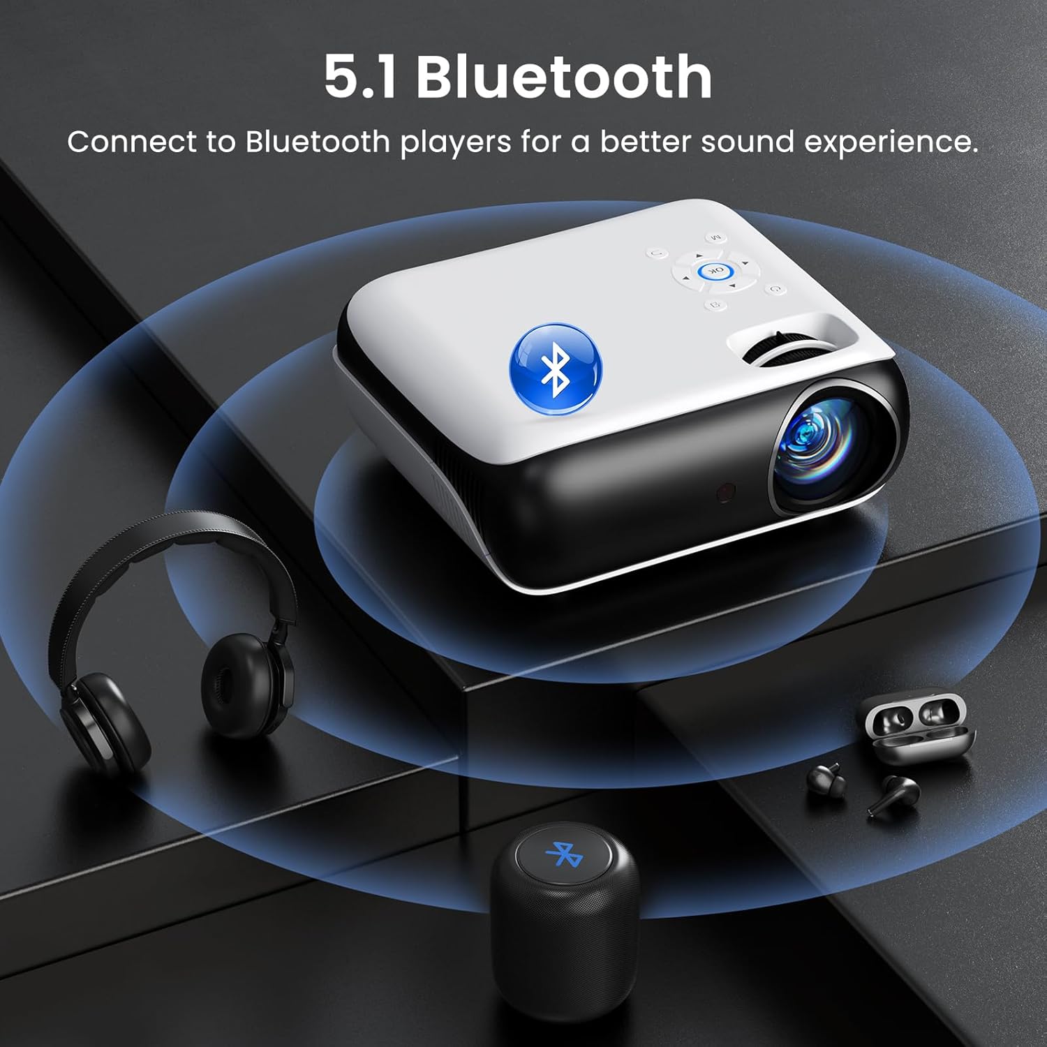 HAPPRUN Native 1080P Bluetooth Mini Projector, Full HD Portable Outdoo