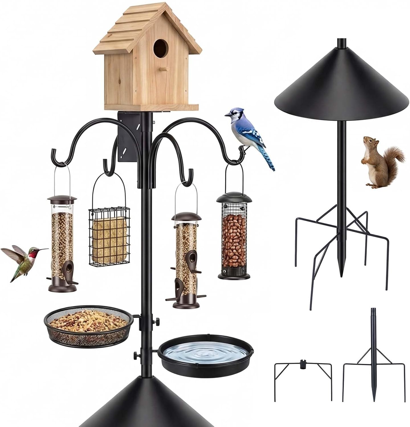 Bird Feeder Pole 4-in-1 with Squirrel Baffle, Metal Bird Feeders for Outdoors with Pole, Bath, Food Tray, 4 Hooks and Holds Cage 92 Inch