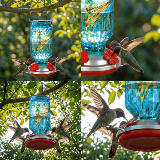 Hand Blown Glass Hummingbird Feeder for Outdoors Hanging Square Chanin