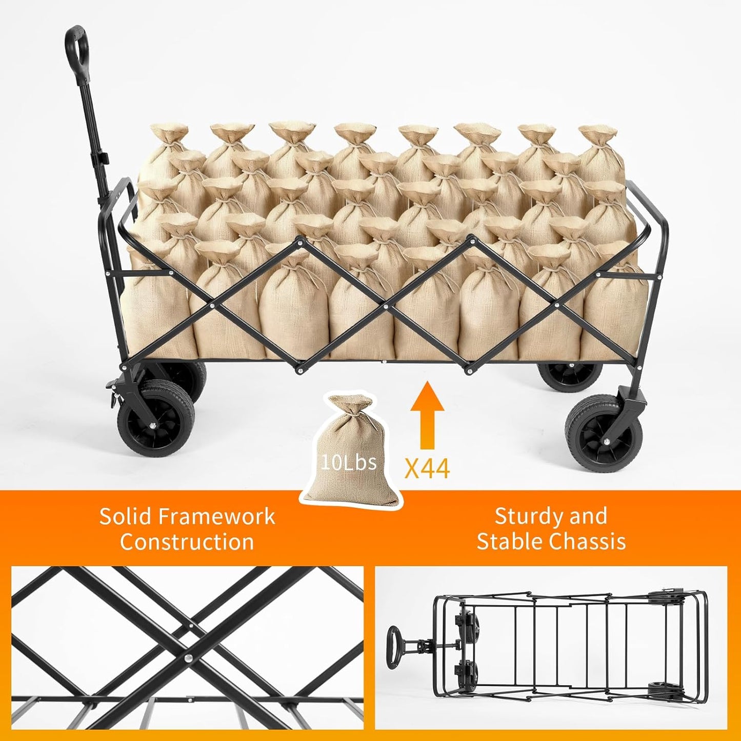 49" Extra Long Wagons Carts Foldable, 440 LBS Large Capacity Collapsible Wagon Heavy Duty with Wheels, Portable Utility Folding Wagon for Beach, Garden & Camping