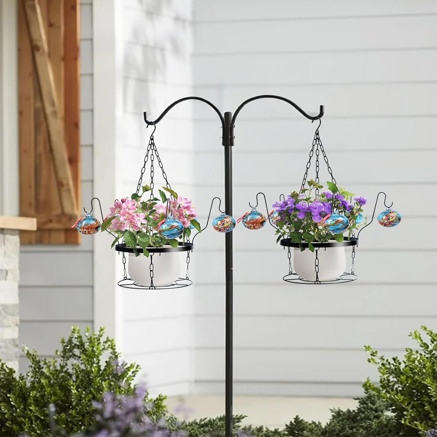 Hand Blown Glass Hummingbird Feeders for Outdoors with Hanging Planter(11 inch),Metal Hanging Plant Holder and Glass Hummingbird Feeder 2-in-1(POTS NOT Included)